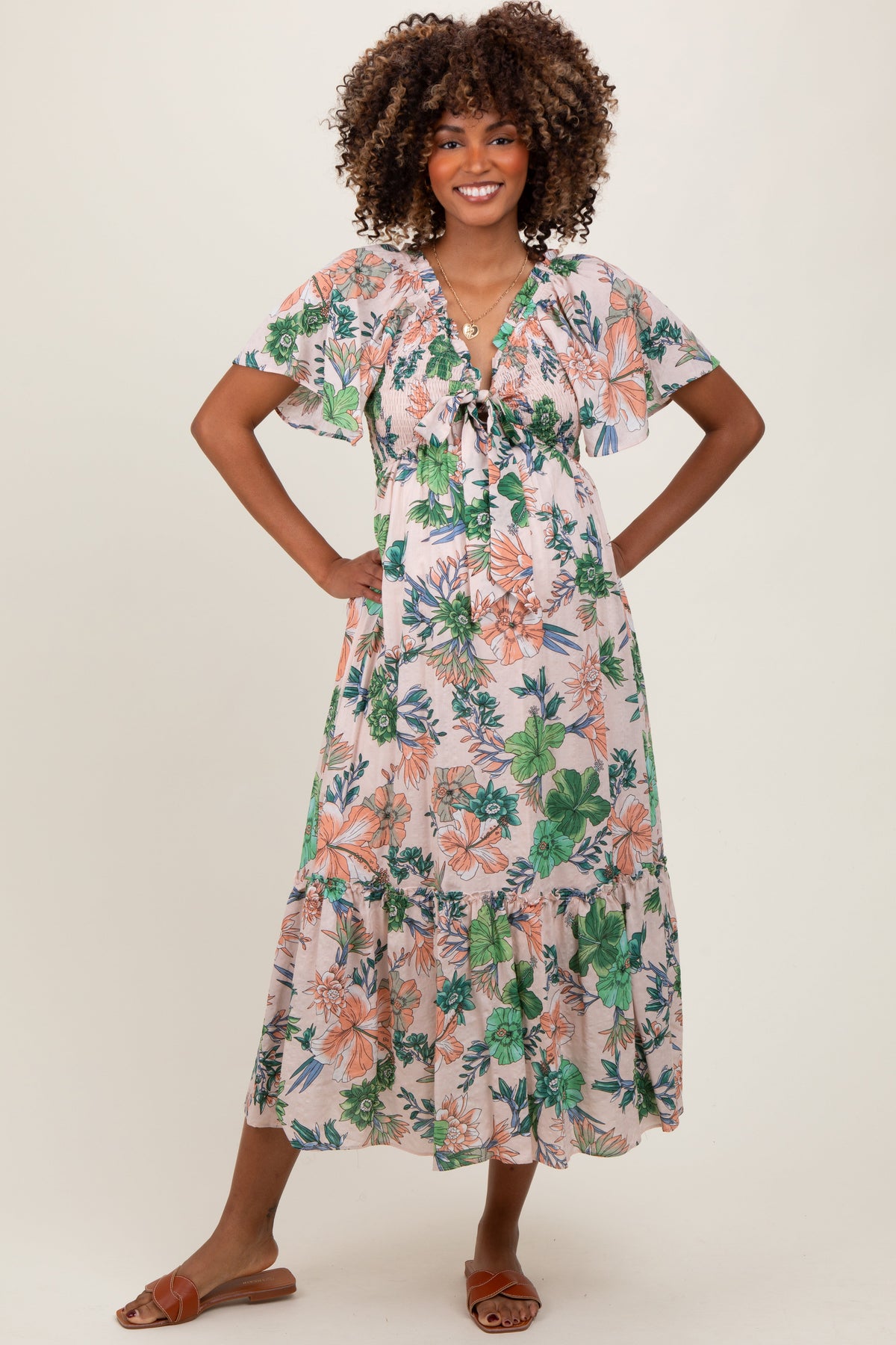 PinkBlush Light Pink Floral Print Woven Maternity Midi Dress
