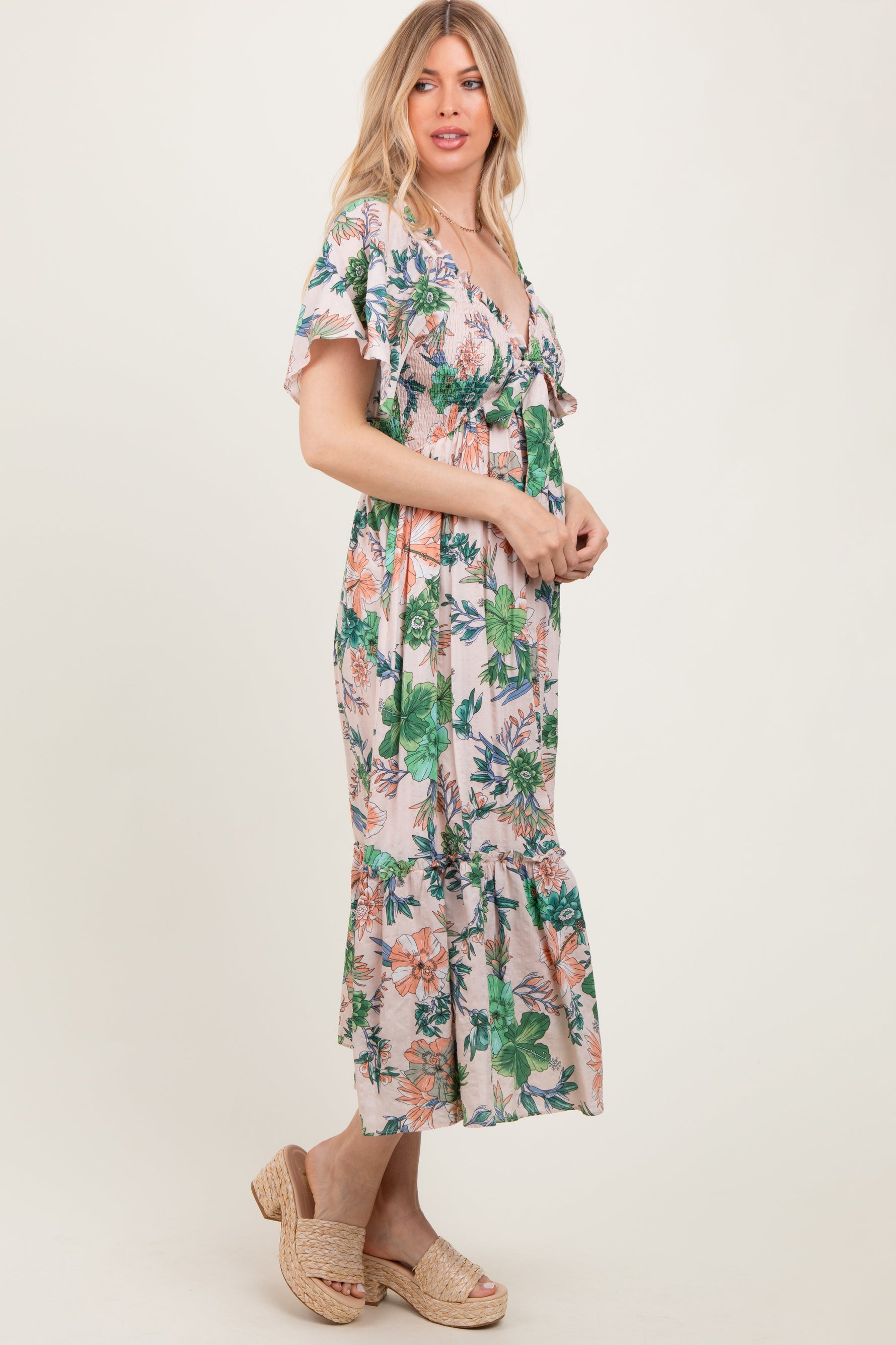 PinkBlush Light Pink Floral Print Woven Midi Dress