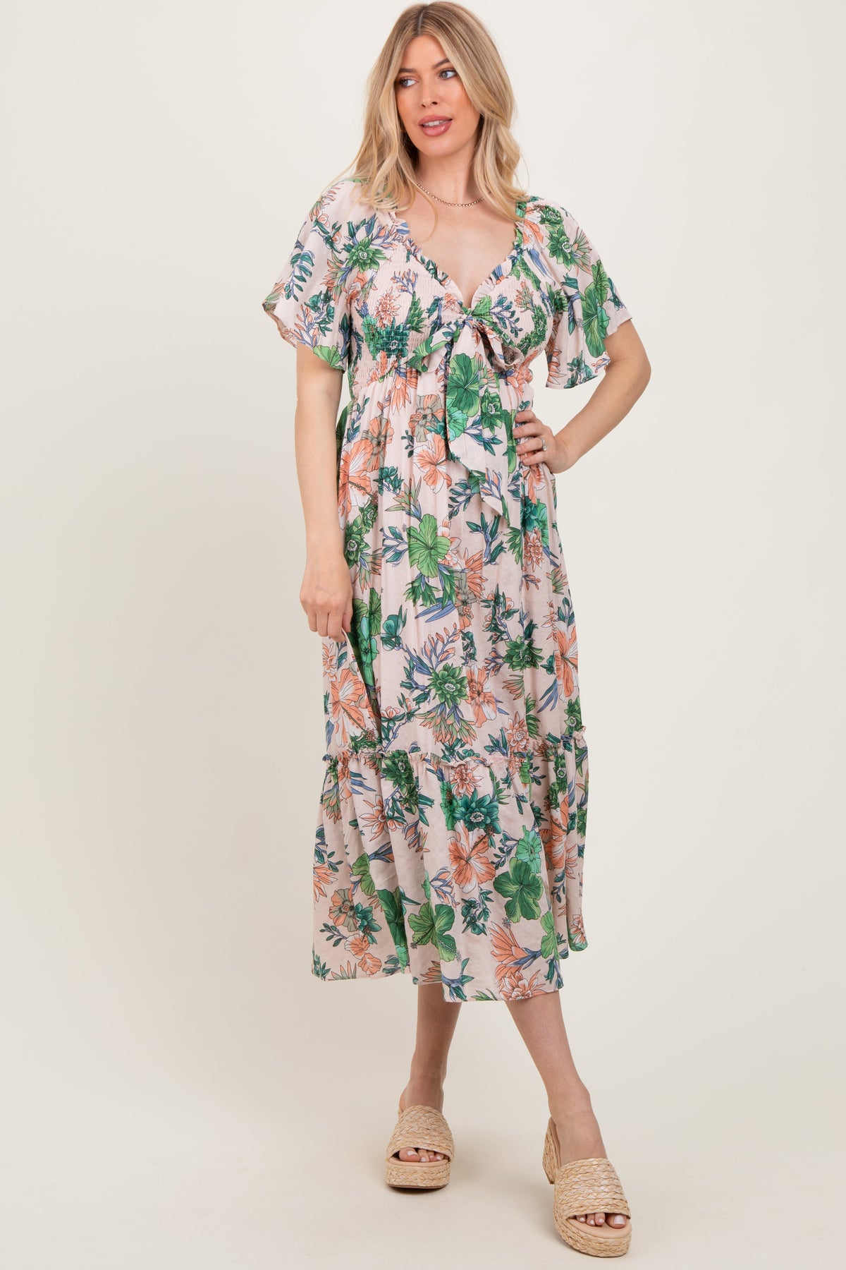 Light Pink Floral Print Woven Midi Dress - Day Dress, Dress, Waist, One-piece garment, Photo shoot | Everetts Place