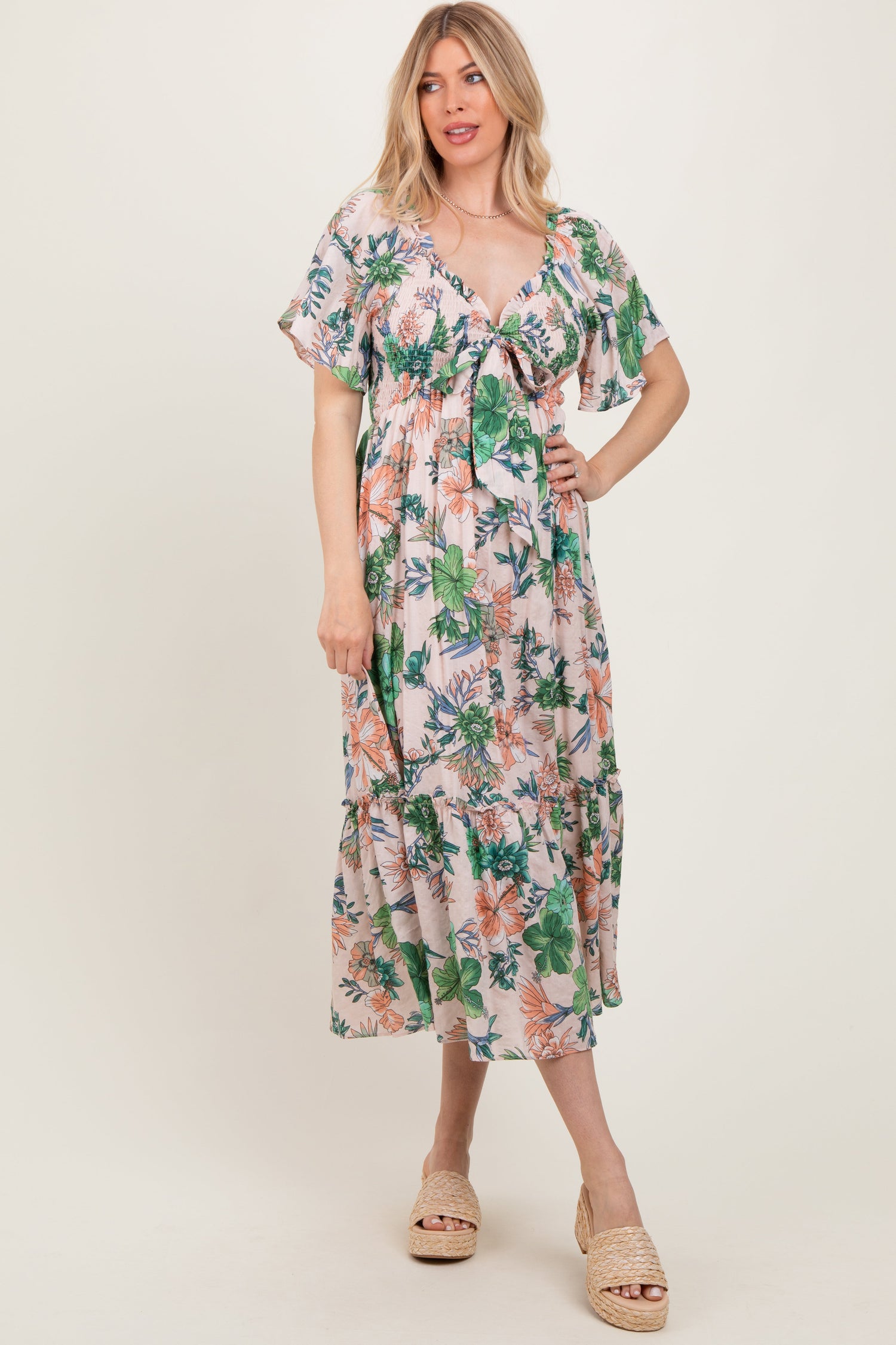Light Pink Floral Print Woven Midi Dress - Day Dress, Dress, Waist, One-piece garment, Photo shoot | Everetts Place