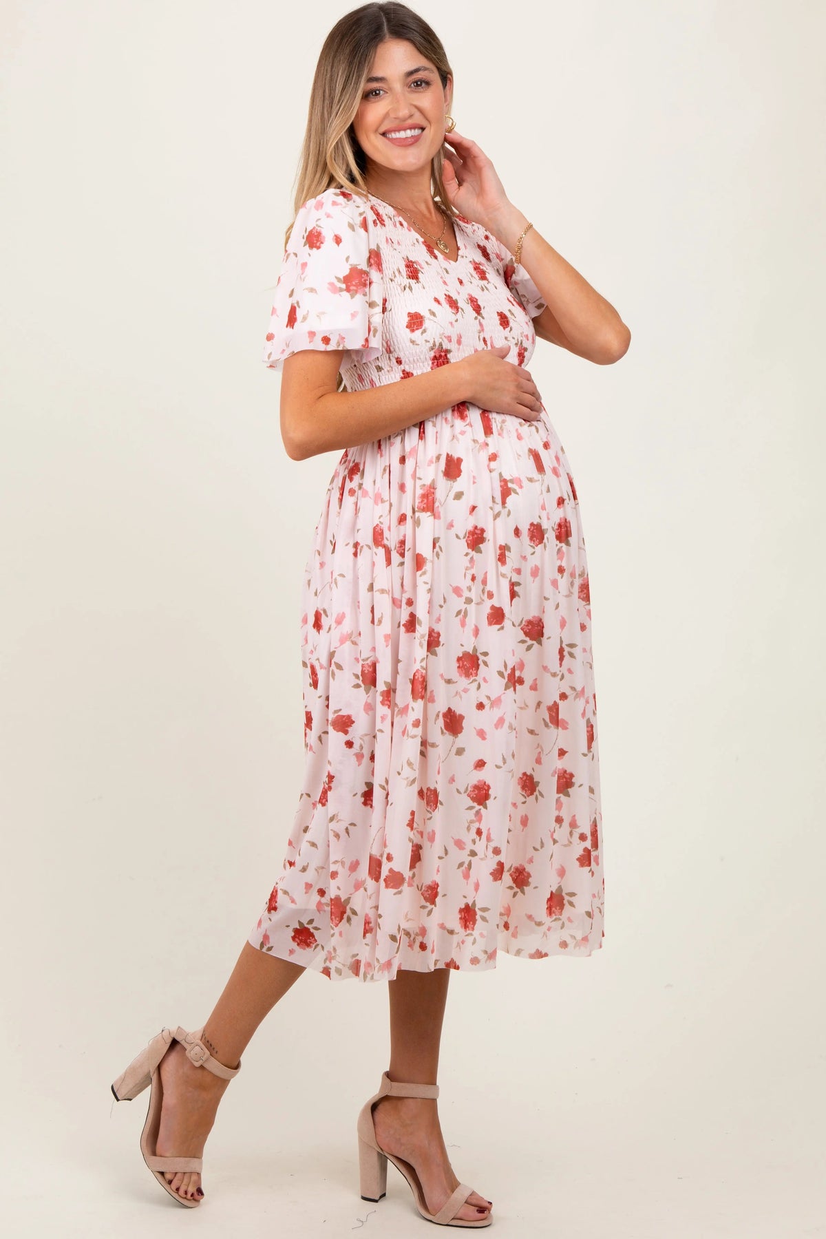 PinkBlush Light Pink Floral Smocked V - Neck Maternity Midi Dress - 