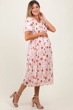 PinkBlush Light Pink Floral Smocked V - Neck Maternity Midi Dress - 