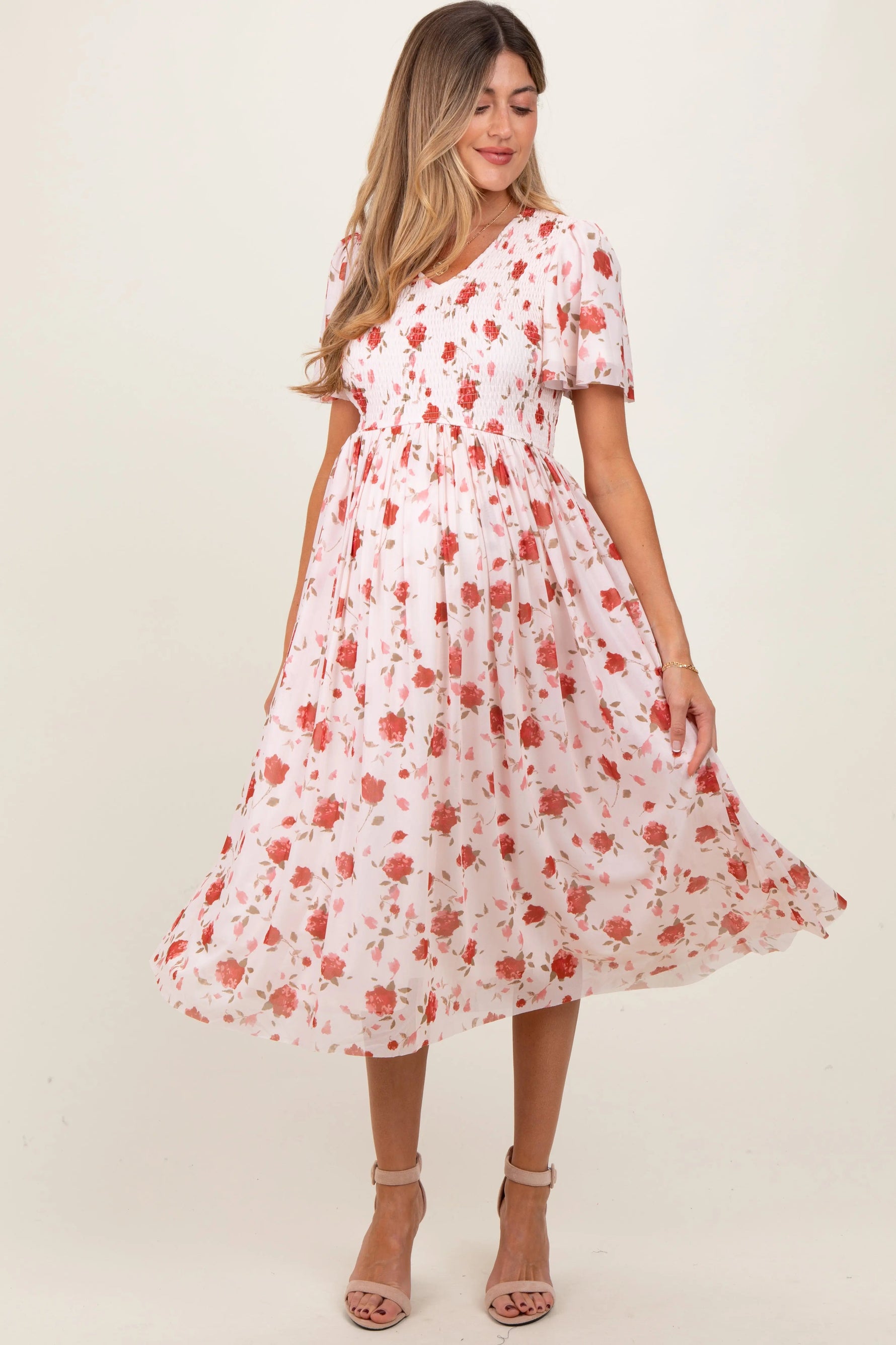 PinkBlush Light Pink Floral Smocked V - Neck Maternity Midi Dress - 