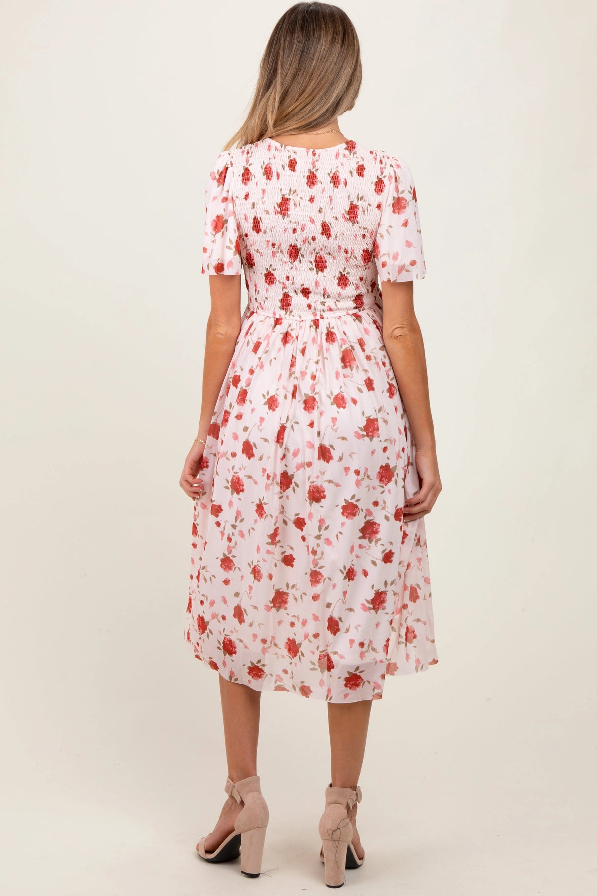 PinkBlush Light Pink Floral Smocked V - Neck Maternity Midi Dress - 