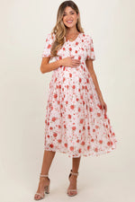 PinkBlush Light Pink Floral Smocked V - Neck Maternity Midi Dress - 