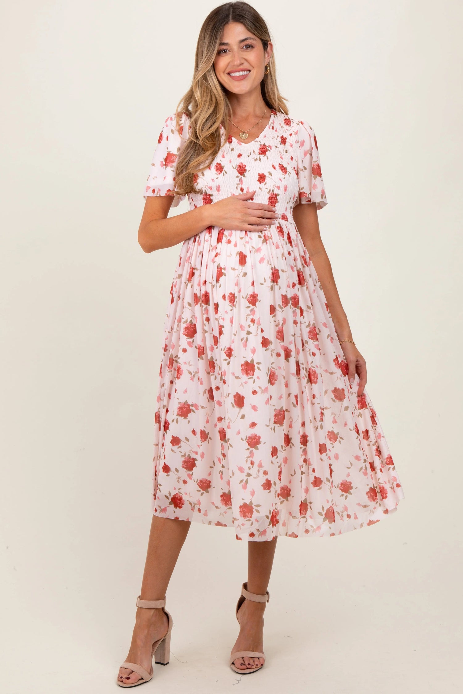 PinkBlush Light Pink Floral Smocked V - Neck Maternity Midi Dress - 