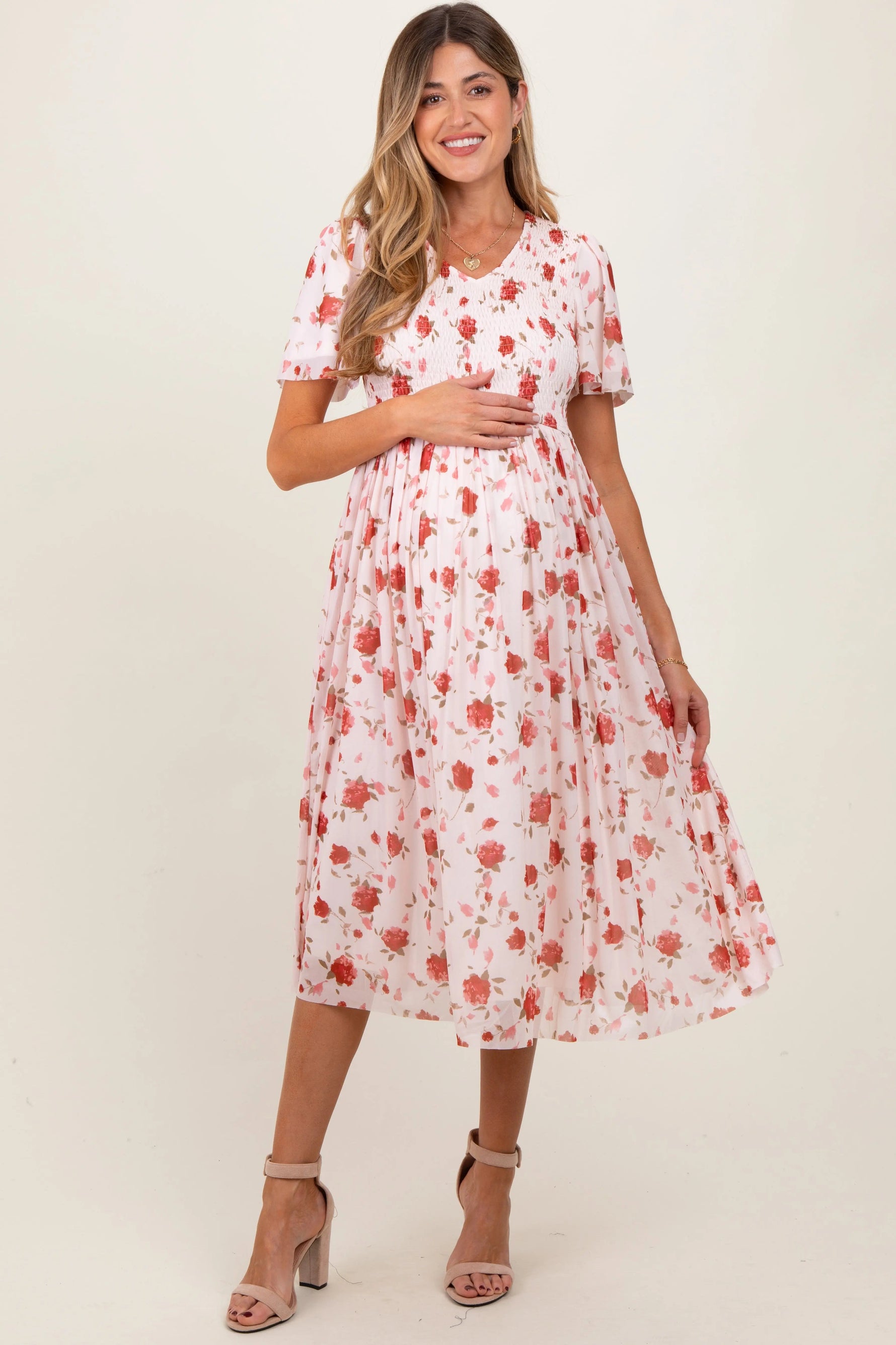 PinkBlush Light Pink Floral Smocked V - Neck Maternity Midi Dress - 