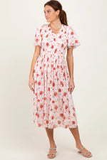 PinkBlush Light Pink Floral Smocked V - Neck Maternity Midi Dress - 