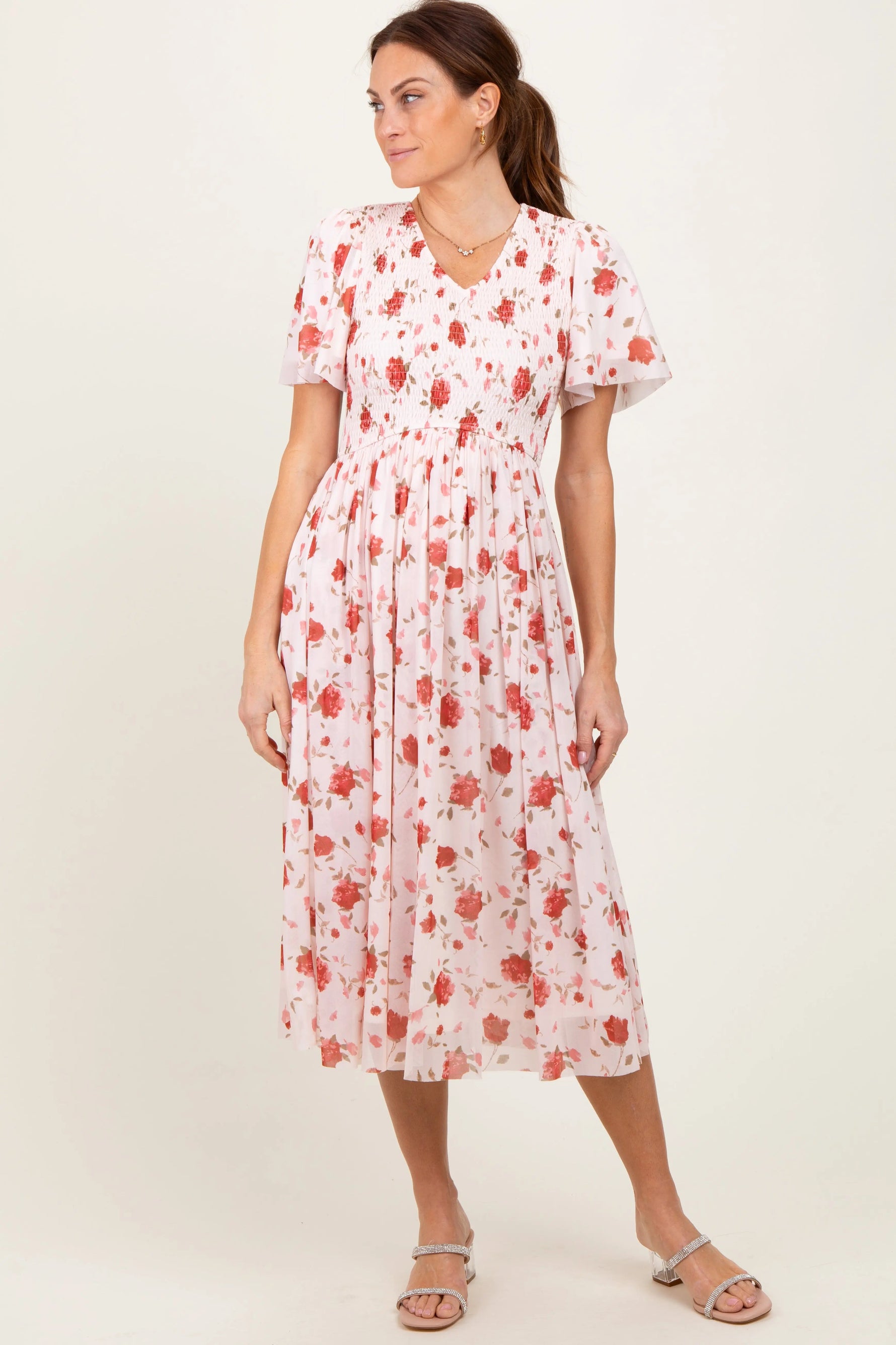 PinkBlush Light Pink Floral Smocked V - Neck Maternity Midi Dress - 