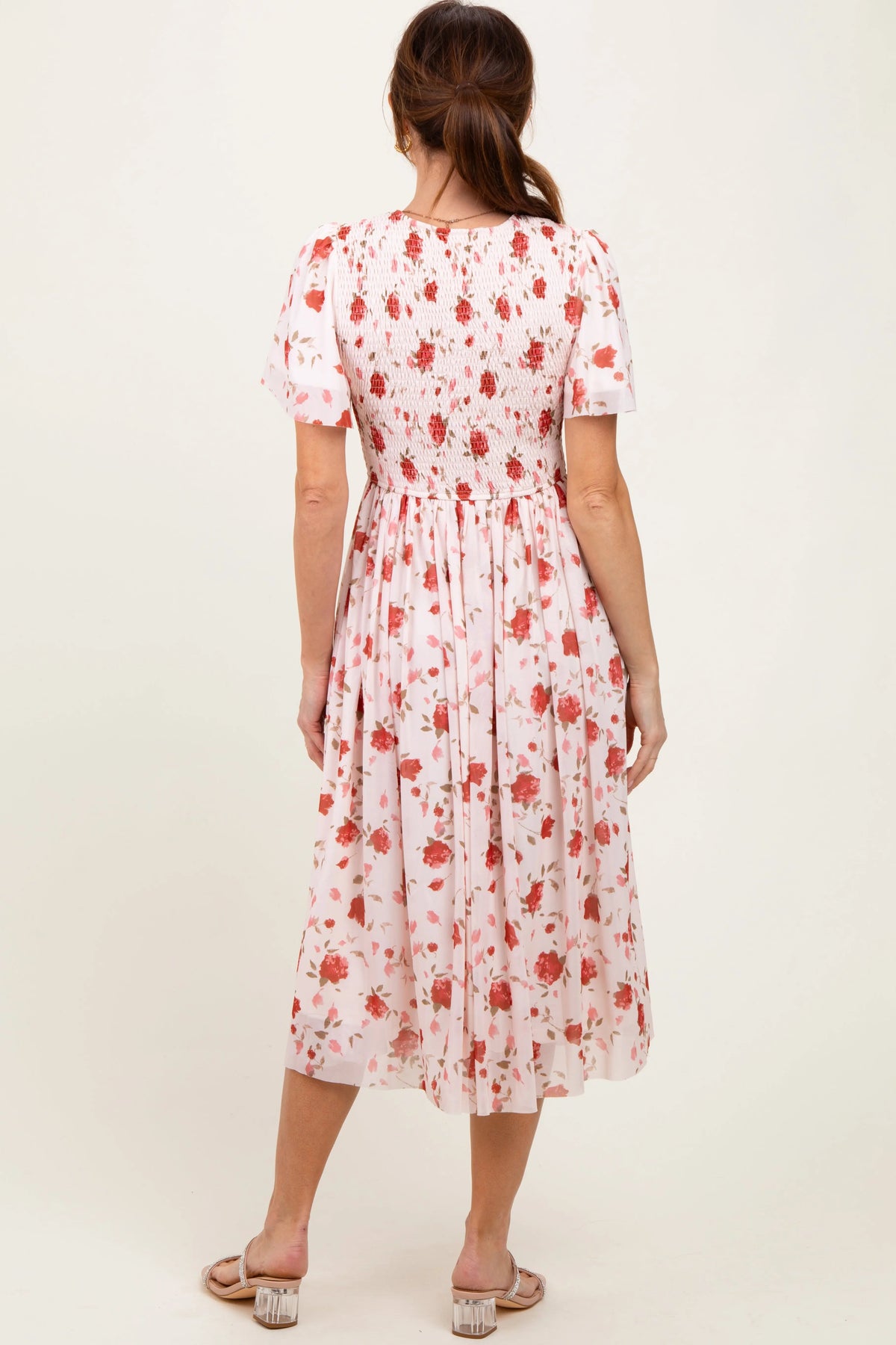 PinkBlush Light Pink Floral Smocked V - Neck Midi Dress - 