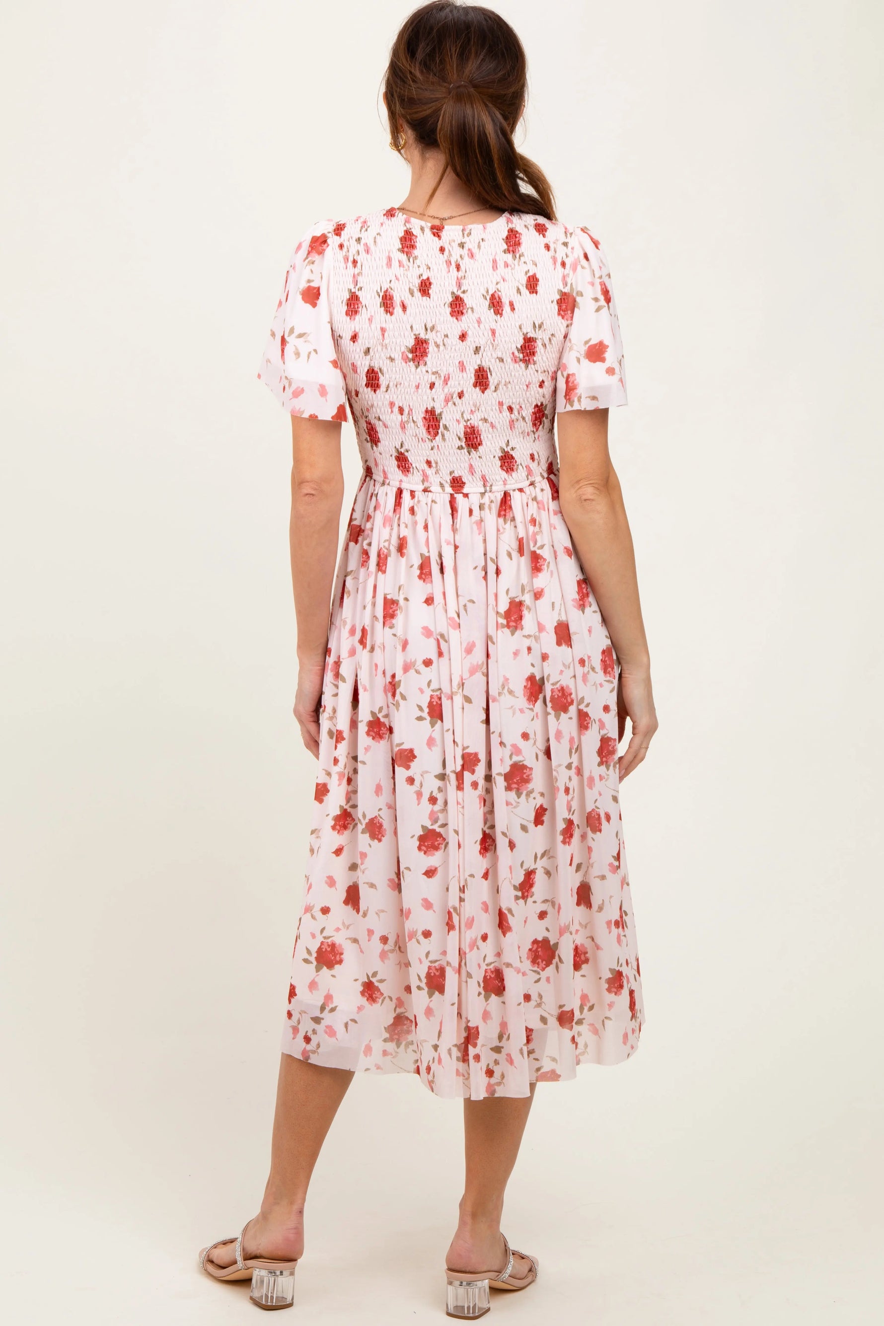 PinkBlush Light Pink Floral Smocked V - Neck Midi Dress - 