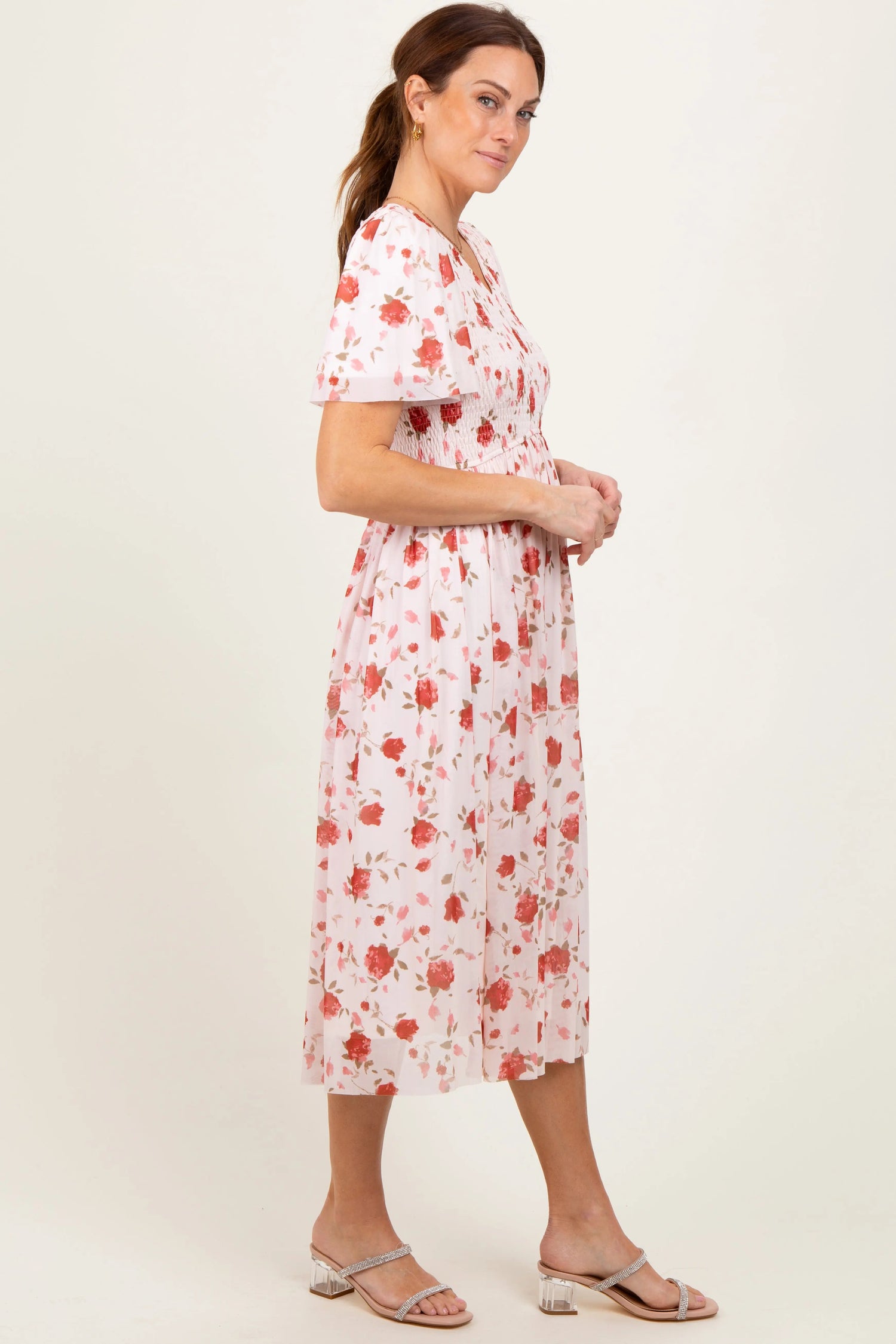 PinkBlush Light Pink Floral Smocked V - Neck Midi Dress - 