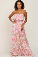 PinkBlush Light Pink Floral Strapless Ruffle Front Maxi Dress - 