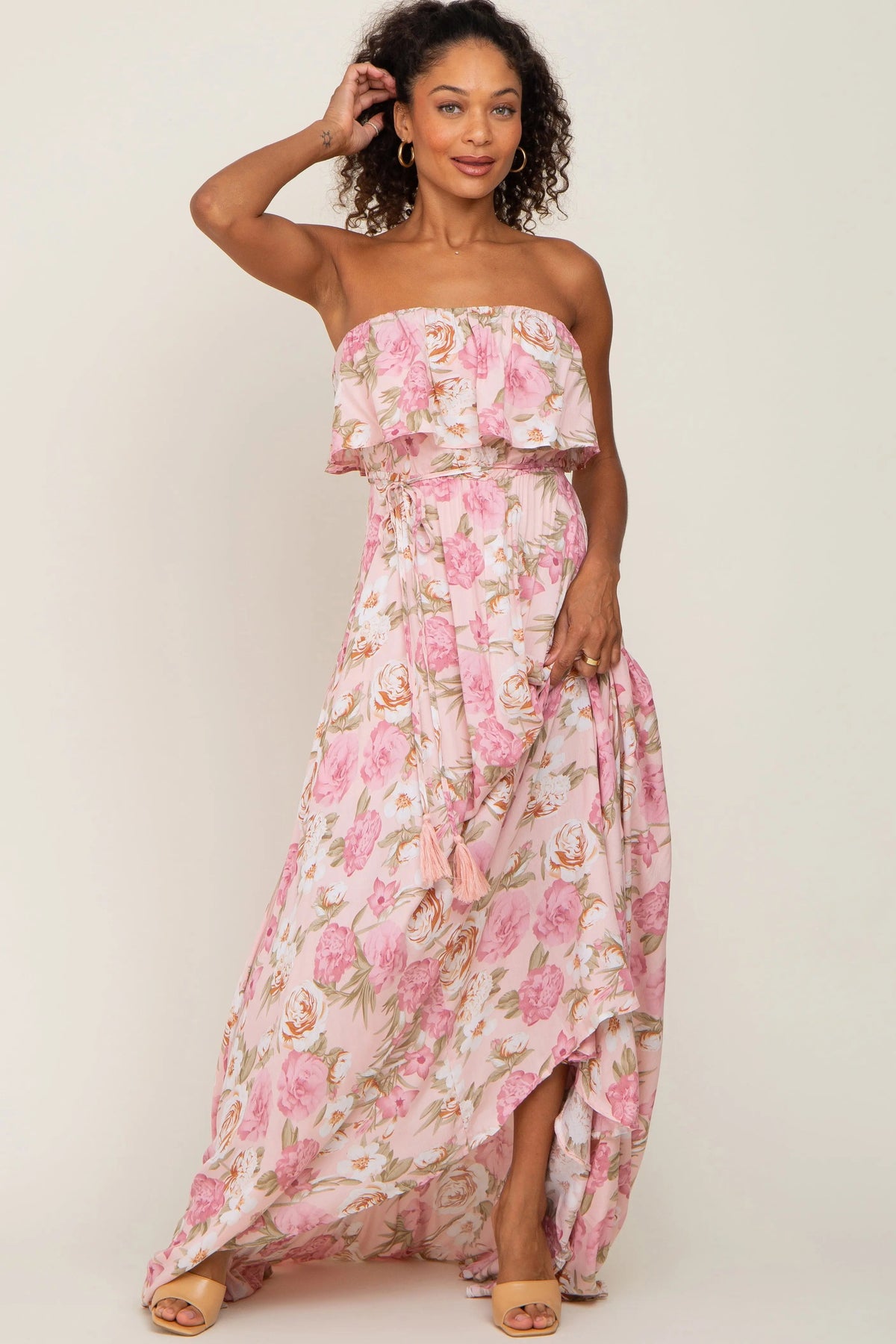 PinkBlush Light Pink Floral Strapless Ruffle Front Maxi Dress - 