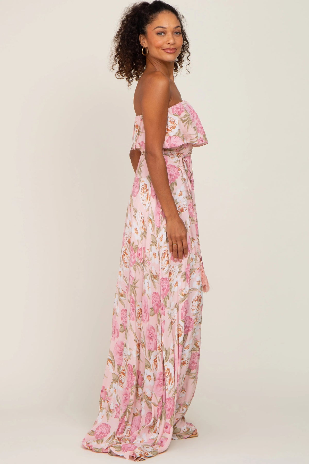 PinkBlush Light Pink Floral Strapless Ruffle Front Maxi Dress - 