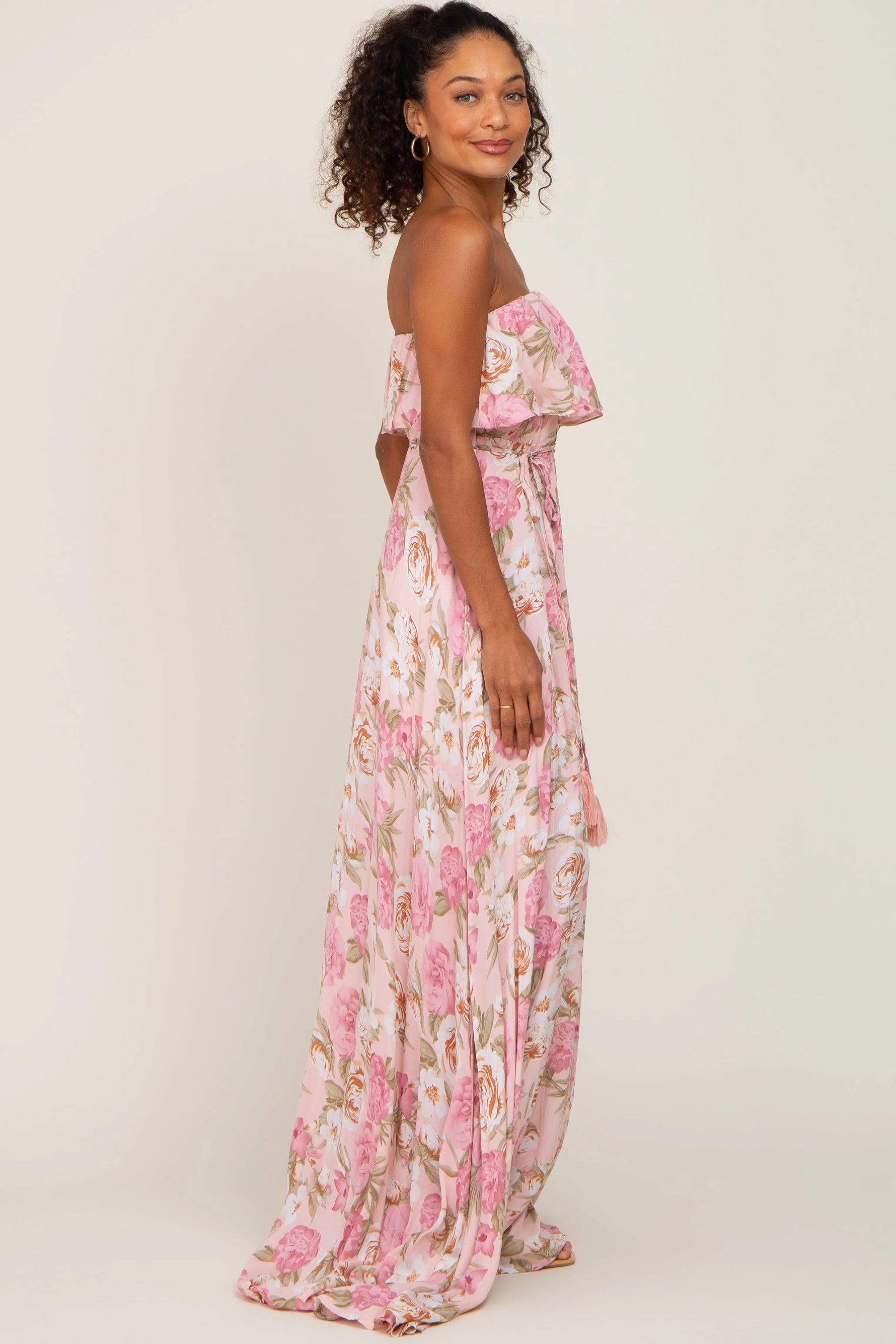 PinkBlush Light Pink Floral Strapless Ruffle Front Maxi Dress - 