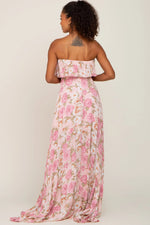 PinkBlush Light Pink Floral Strapless Ruffle Front Maxi Dress - 