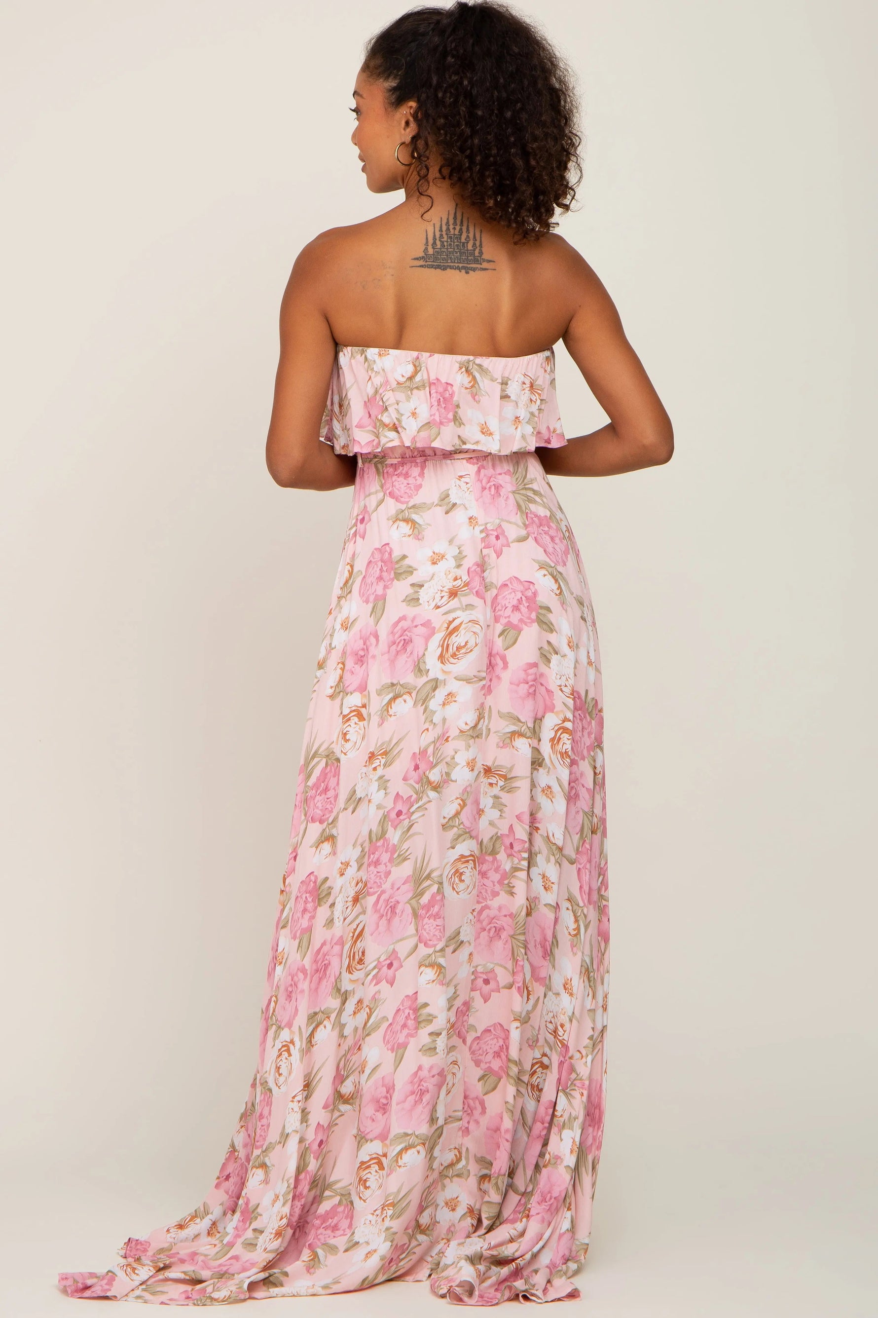 PinkBlush Light Pink Floral Strapless Ruffle Front Maxi Dress - 