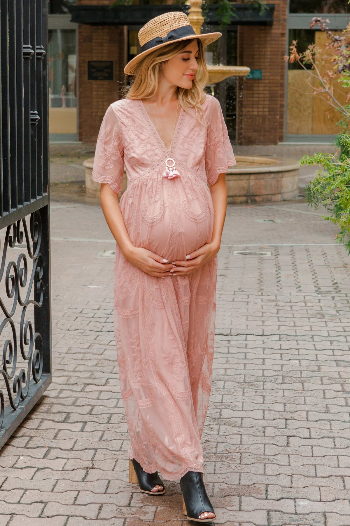 PinkBlush Light Pink Lace Mesh Overlay Maternity Maxi Dress - 