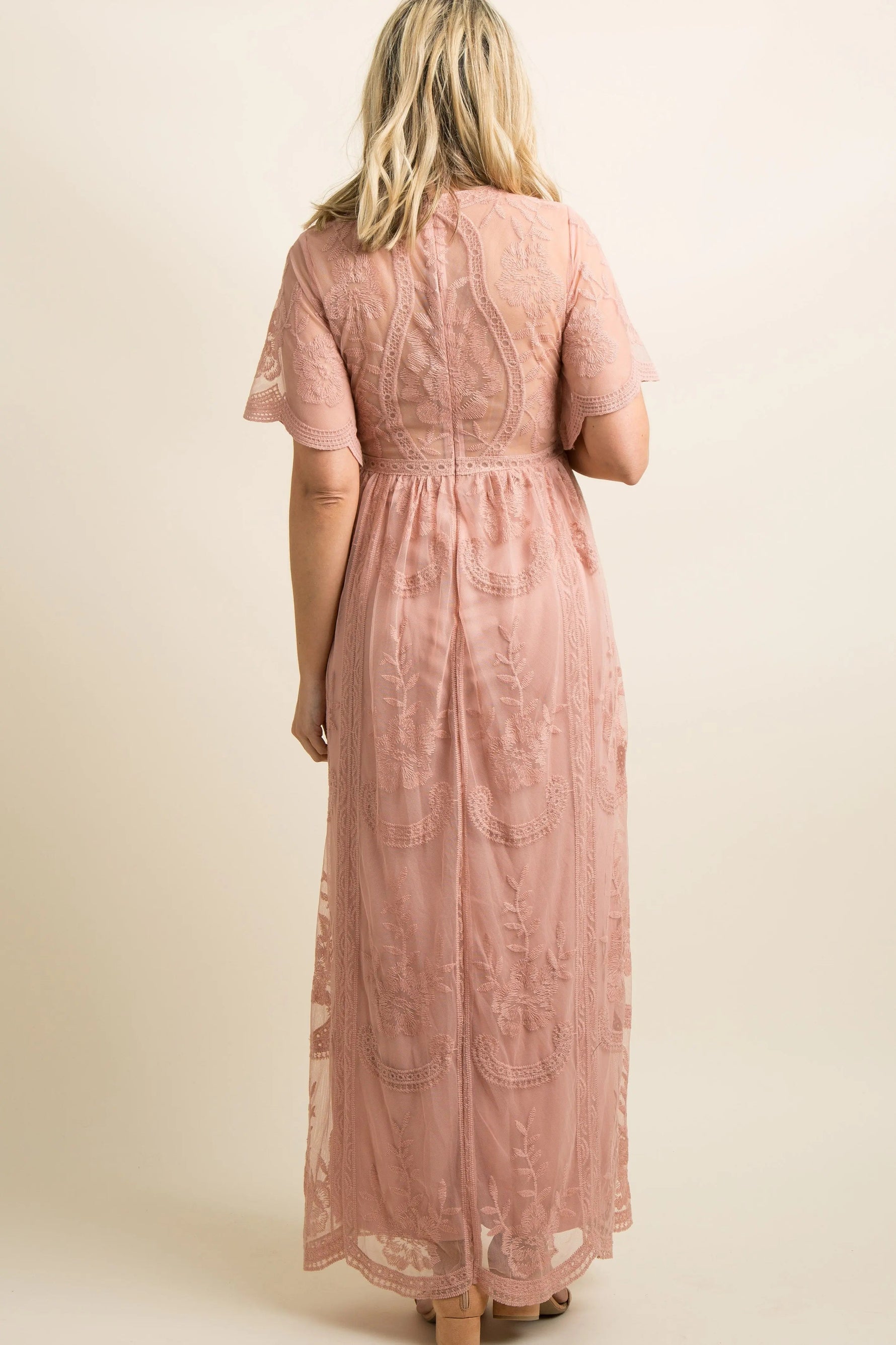 PinkBlush Light Pink Lace Mesh Overlay Maternity Maxi Dress - 