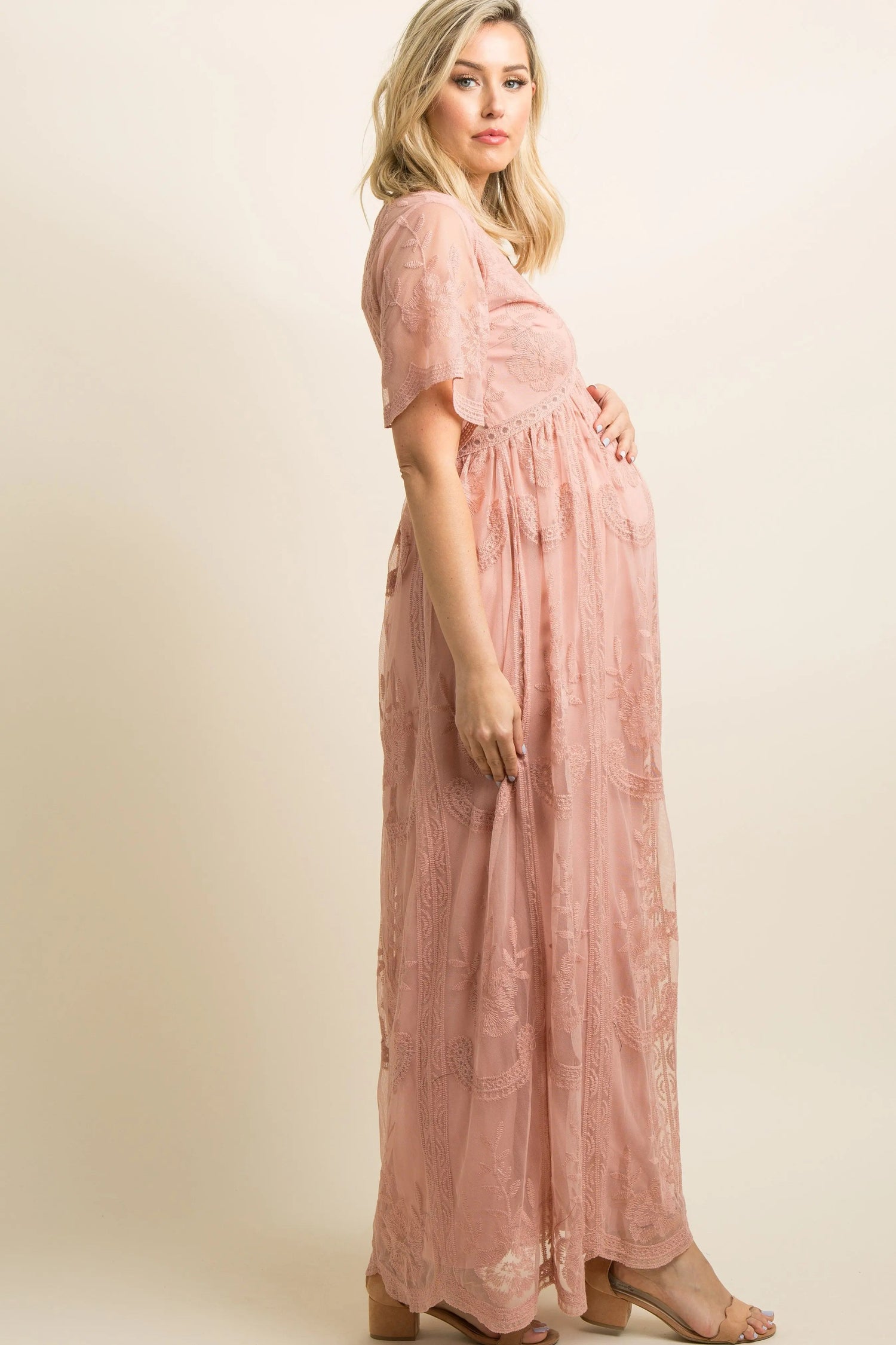 PinkBlush Light Pink Lace Mesh Overlay Maternity Maxi Dress - 