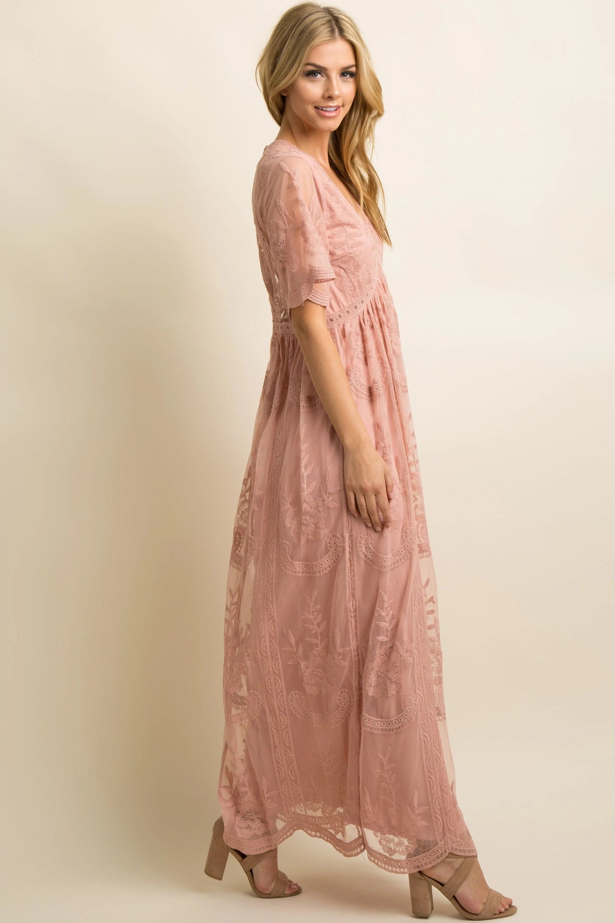 PinkBlush Light Pink Lace Mesh Overlay Maxi Dress - 