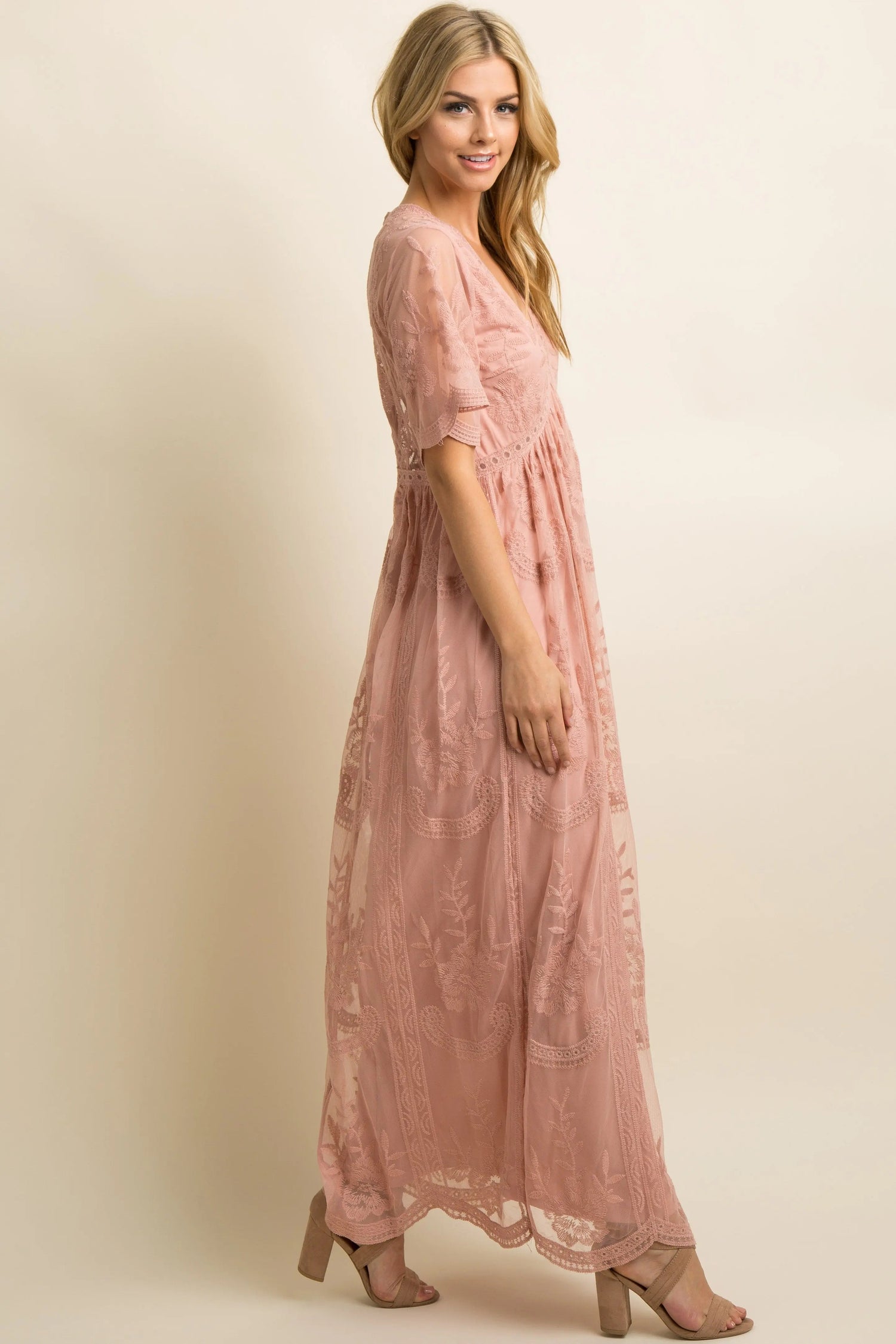PinkBlush Light Pink Lace Mesh Overlay Maxi Dress - 