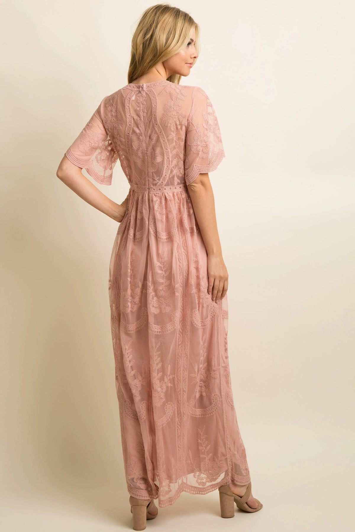 PinkBlush Light Pink Lace Mesh Overlay Maxi Dress - 