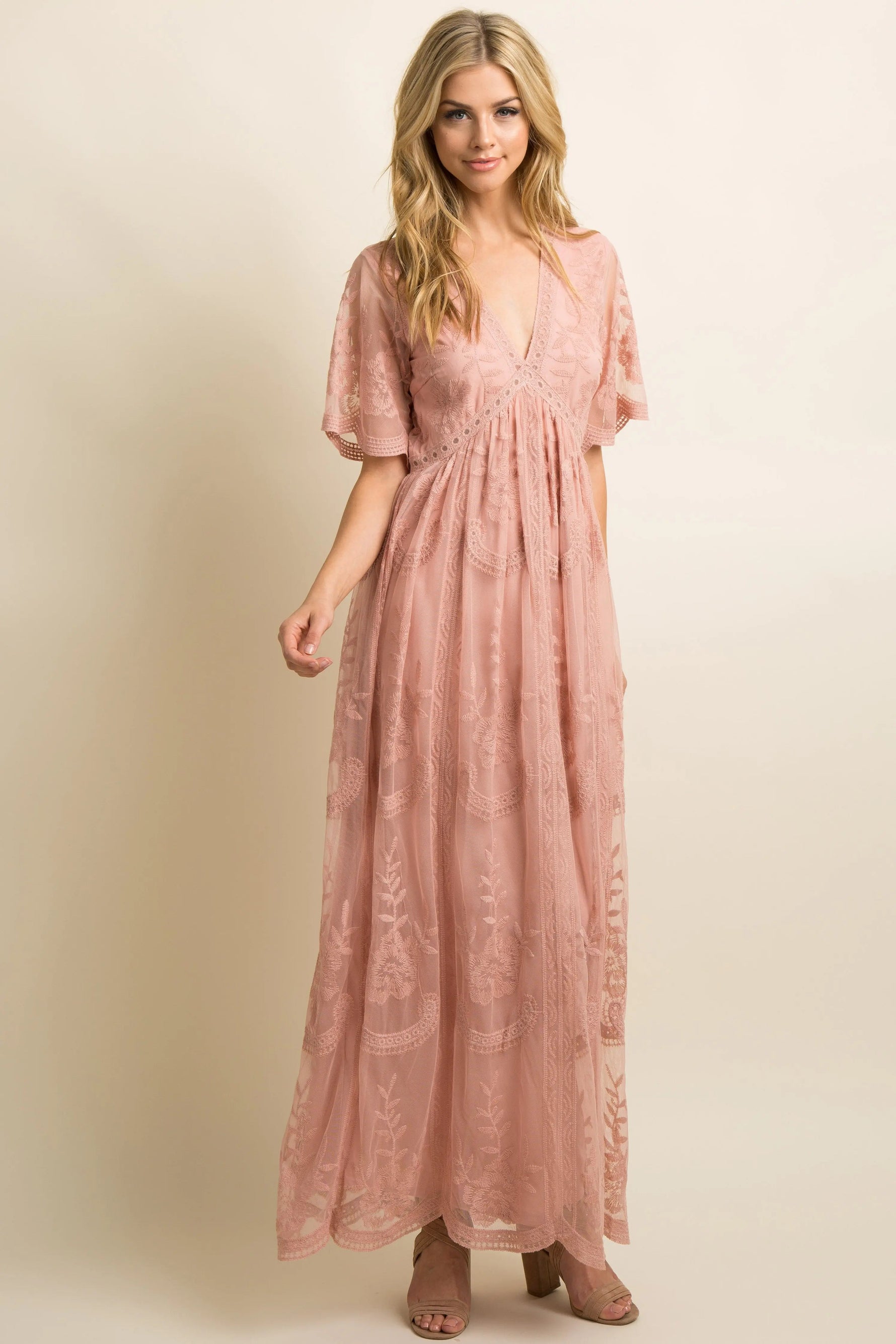 Light Pink Lace Mesh Overlay Maxi Dress - Dress, Pink, Gown, One-piece garment, Waist | Everetts Place