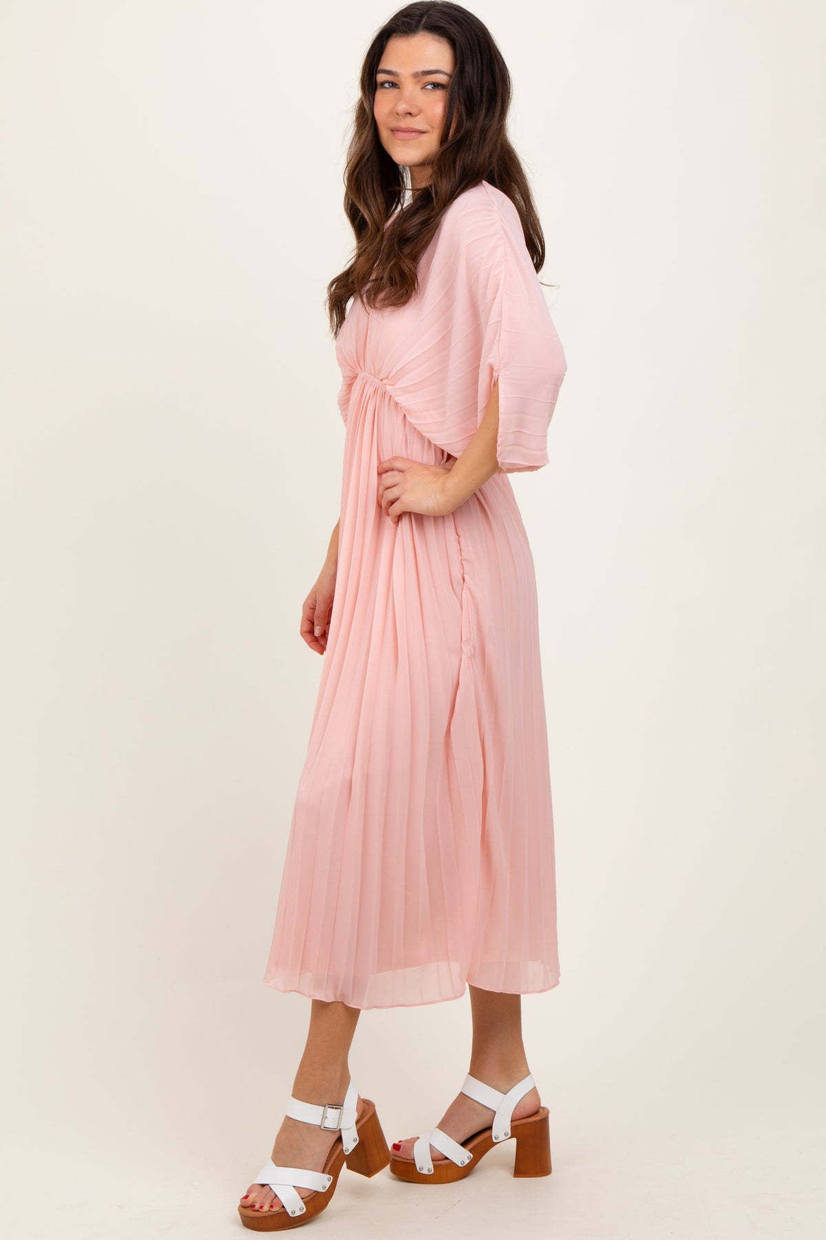 PinkBlush Light Pink Pleated V Neck Maxi Dress