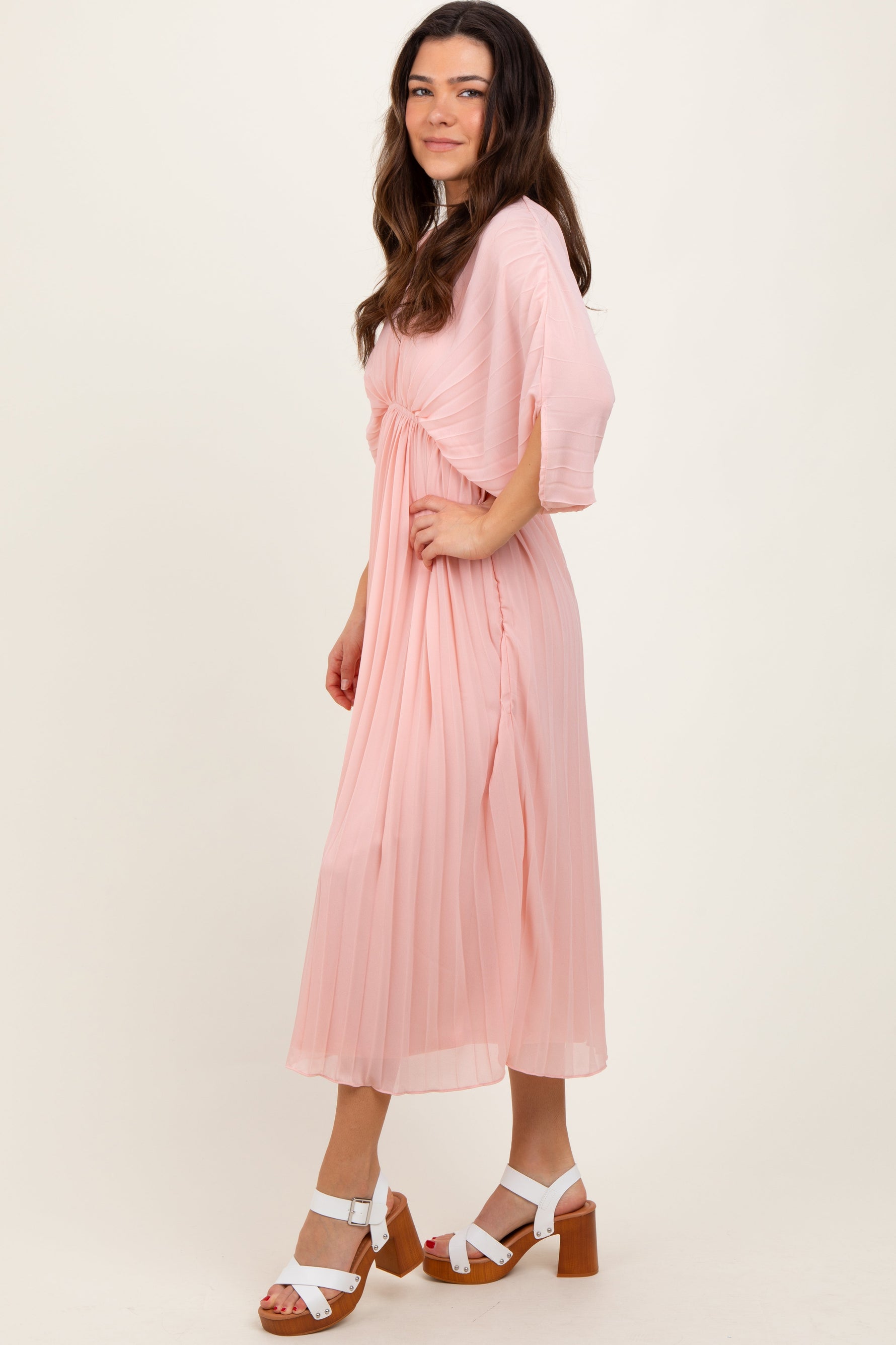 PinkBlush Light Pink Pleated V Neck Maxi Dress