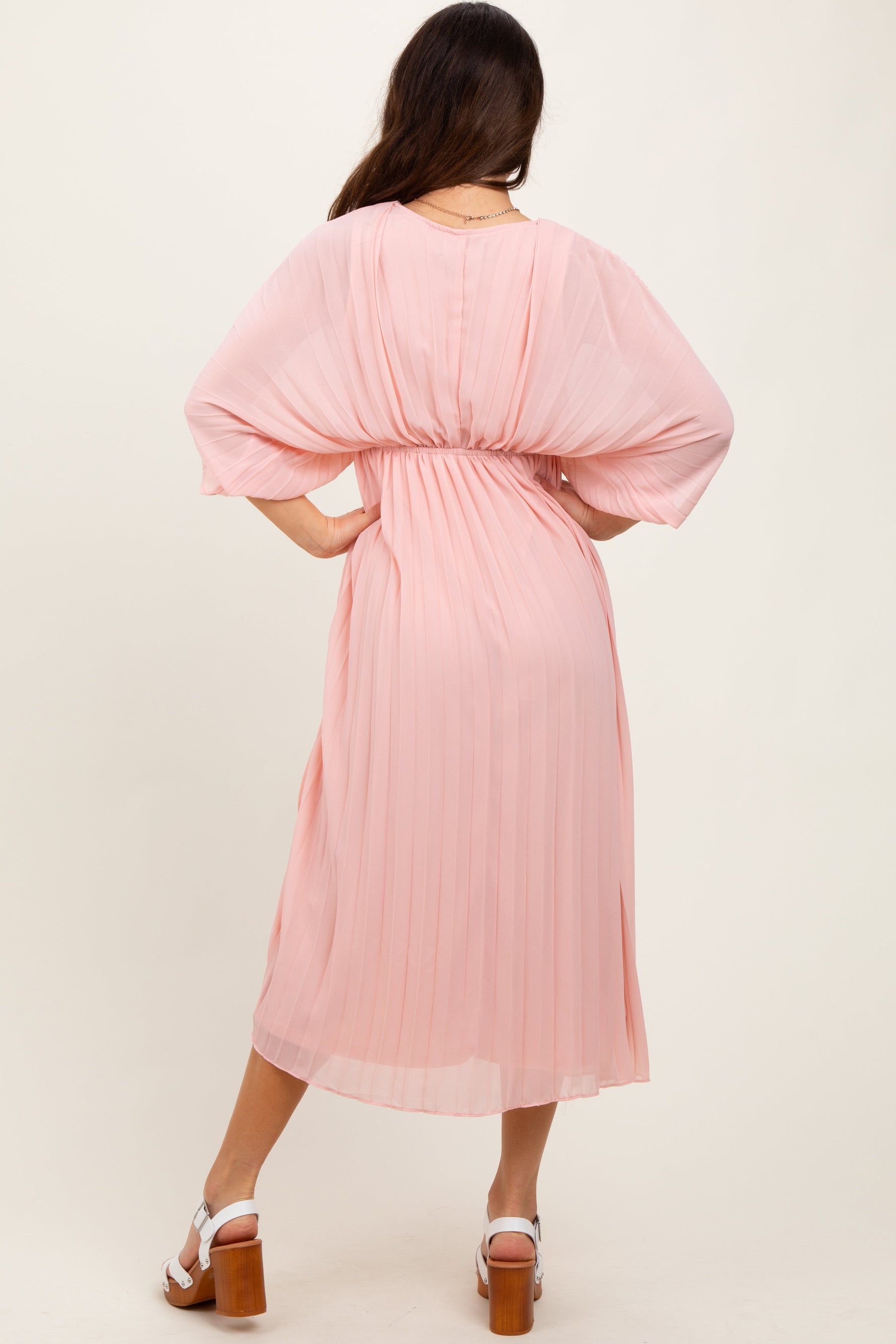 PinkBlush Light Pink Pleated V Neck Maxi Dress