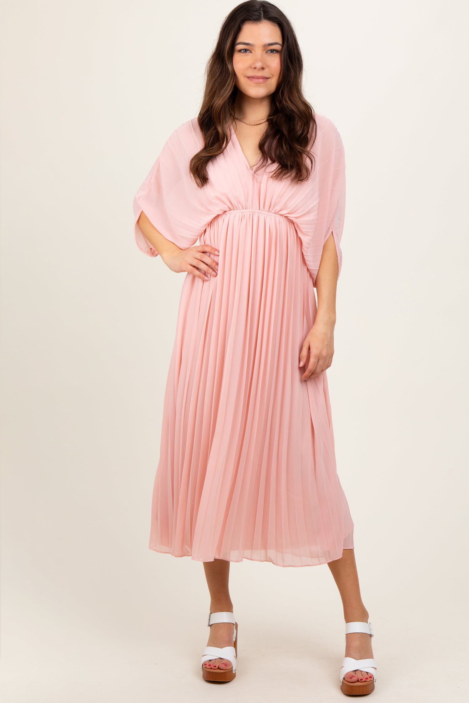 PinkBlush Light Pink Pleated V Neck Maxi Dress
