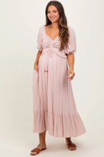 PinkBlush Light Pink Smocked Cinched Front Maternity Maxi Dress - 