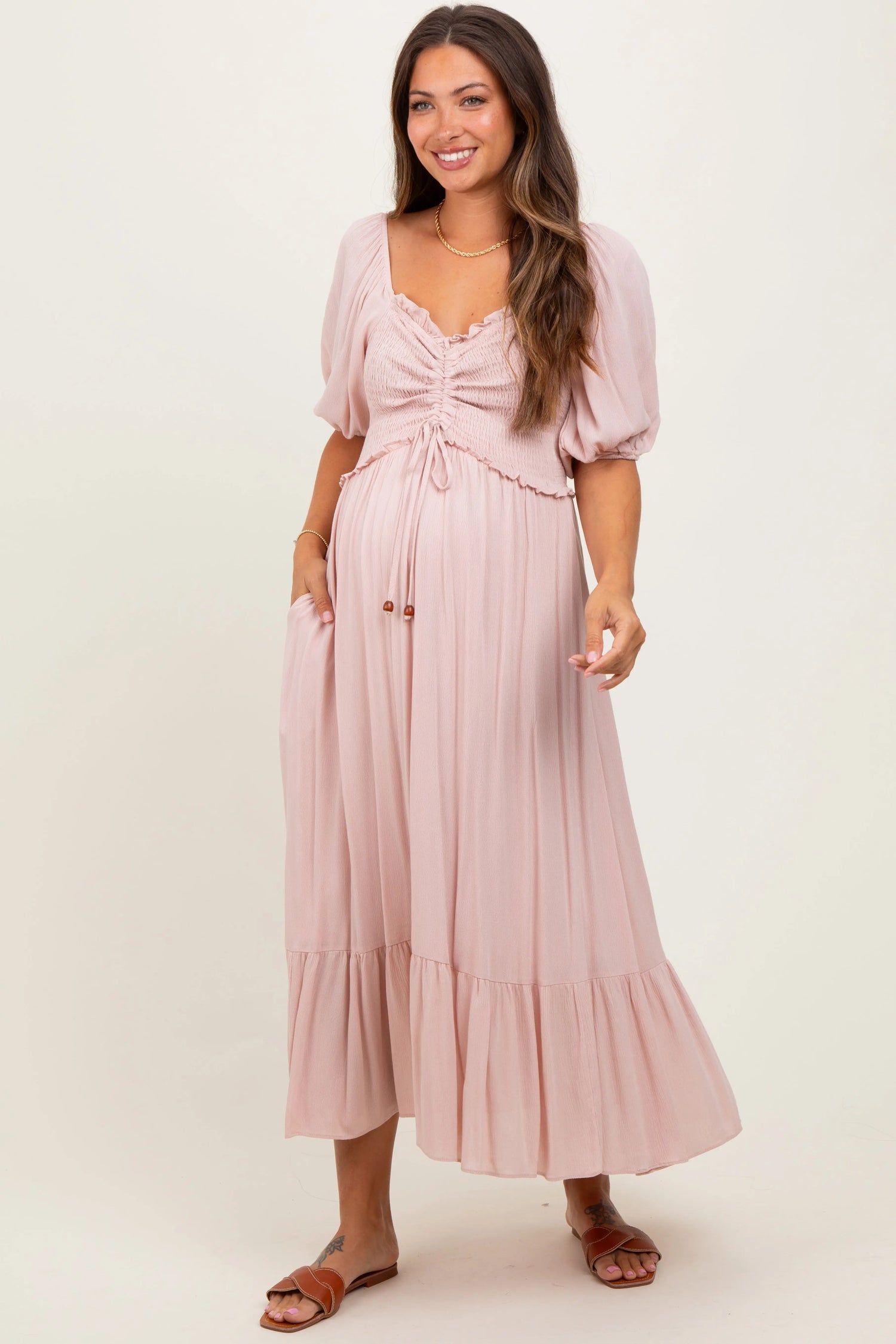 PinkBlush Light Pink Smocked Cinched Front Maternity Maxi Dress - 