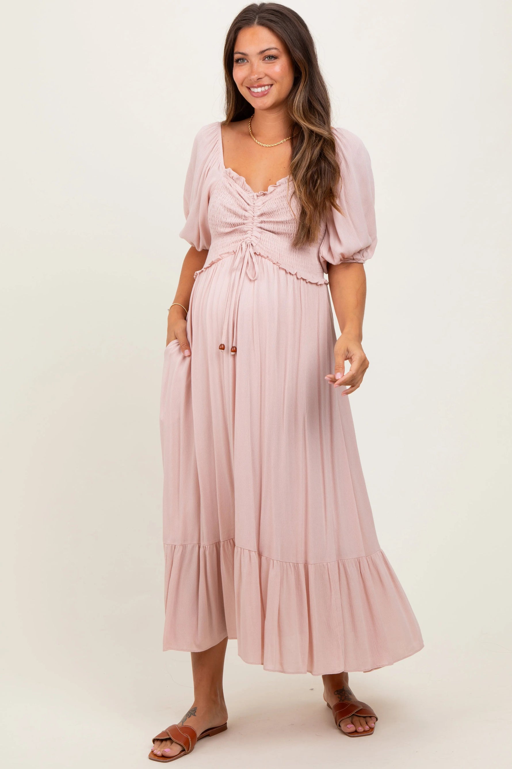 PinkBlush Light Pink Smocked Cinched Front Maternity Maxi Dress - 