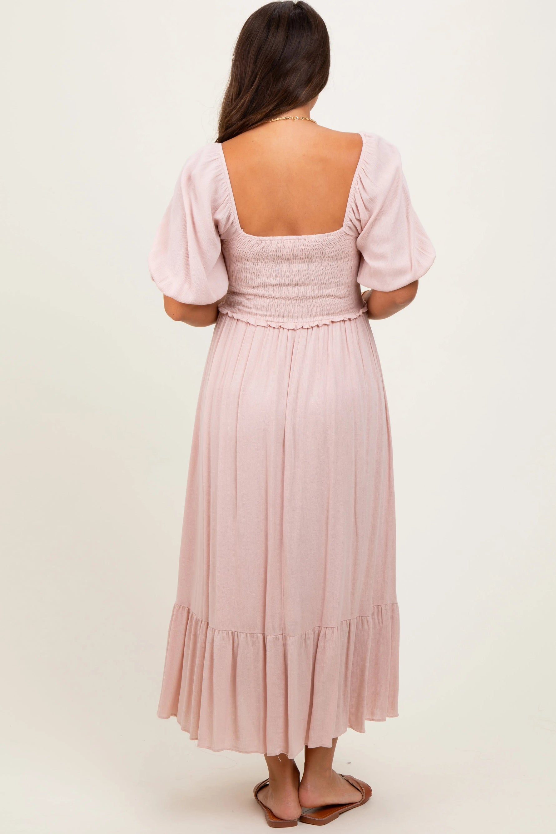 PinkBlush Light Pink Smocked Cinched Front Maternity Maxi Dress - 
