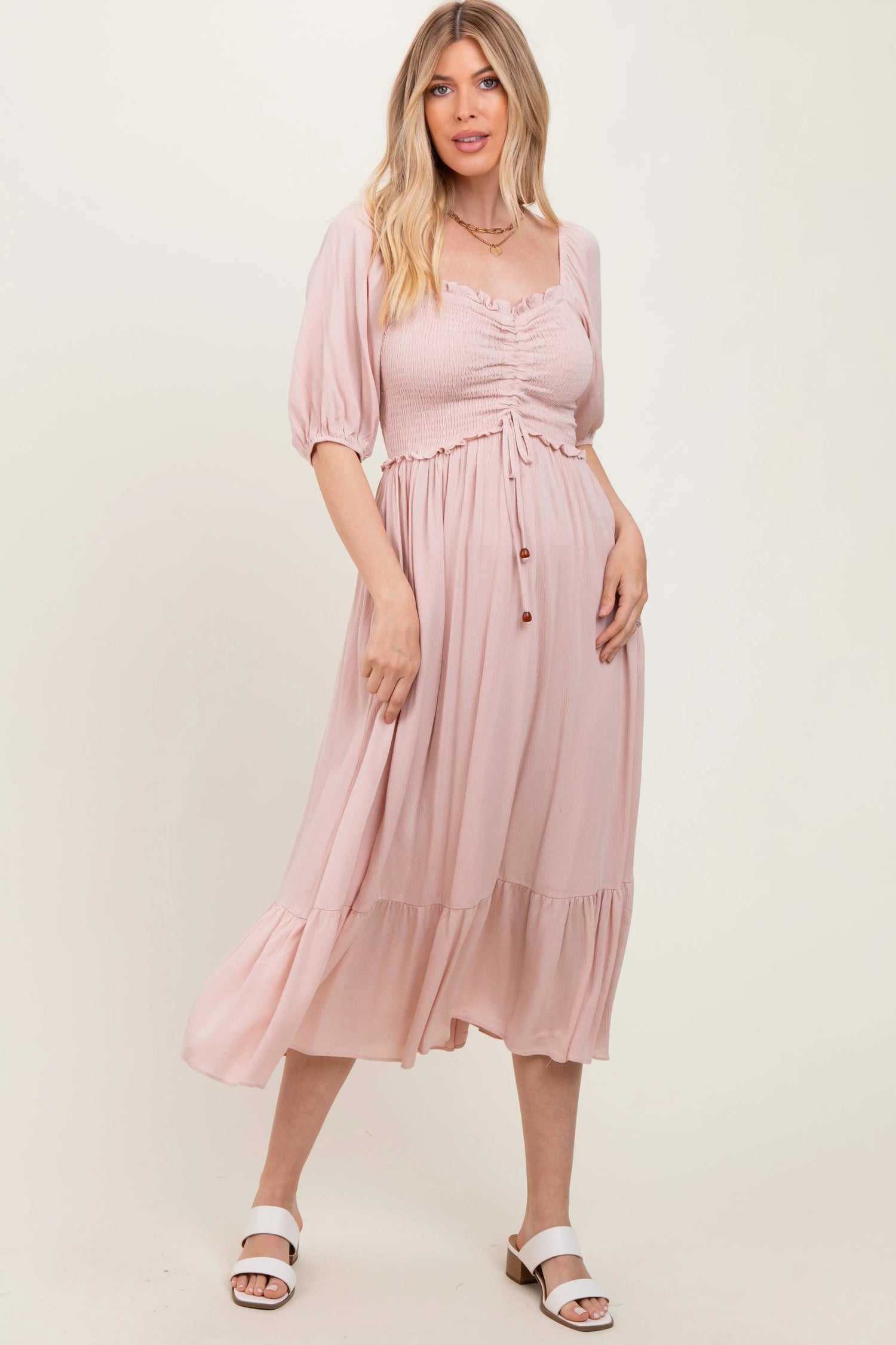 PinkBlush Light Pink Smocked Cinched Front Maxi Dress - 