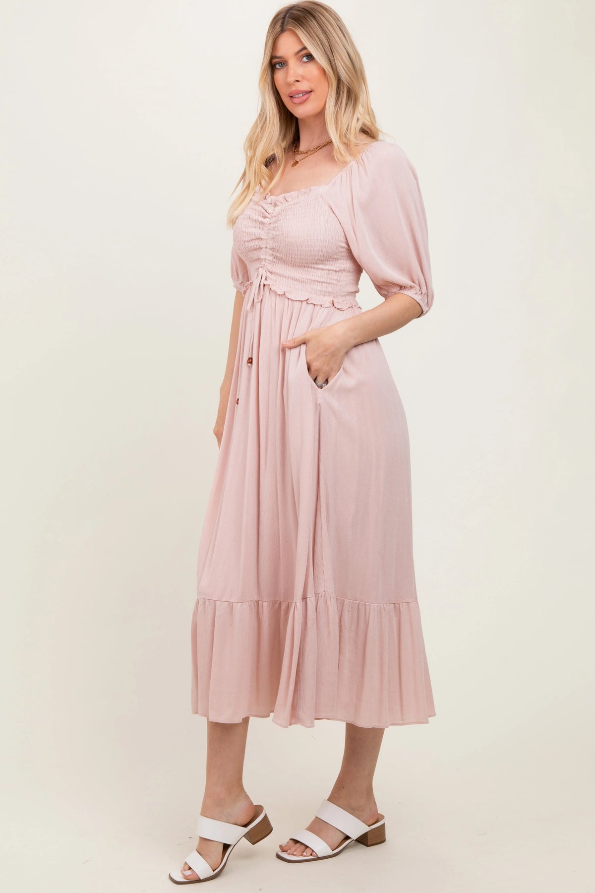 PinkBlush Light Pink Smocked Cinched Front Maxi Dress - 