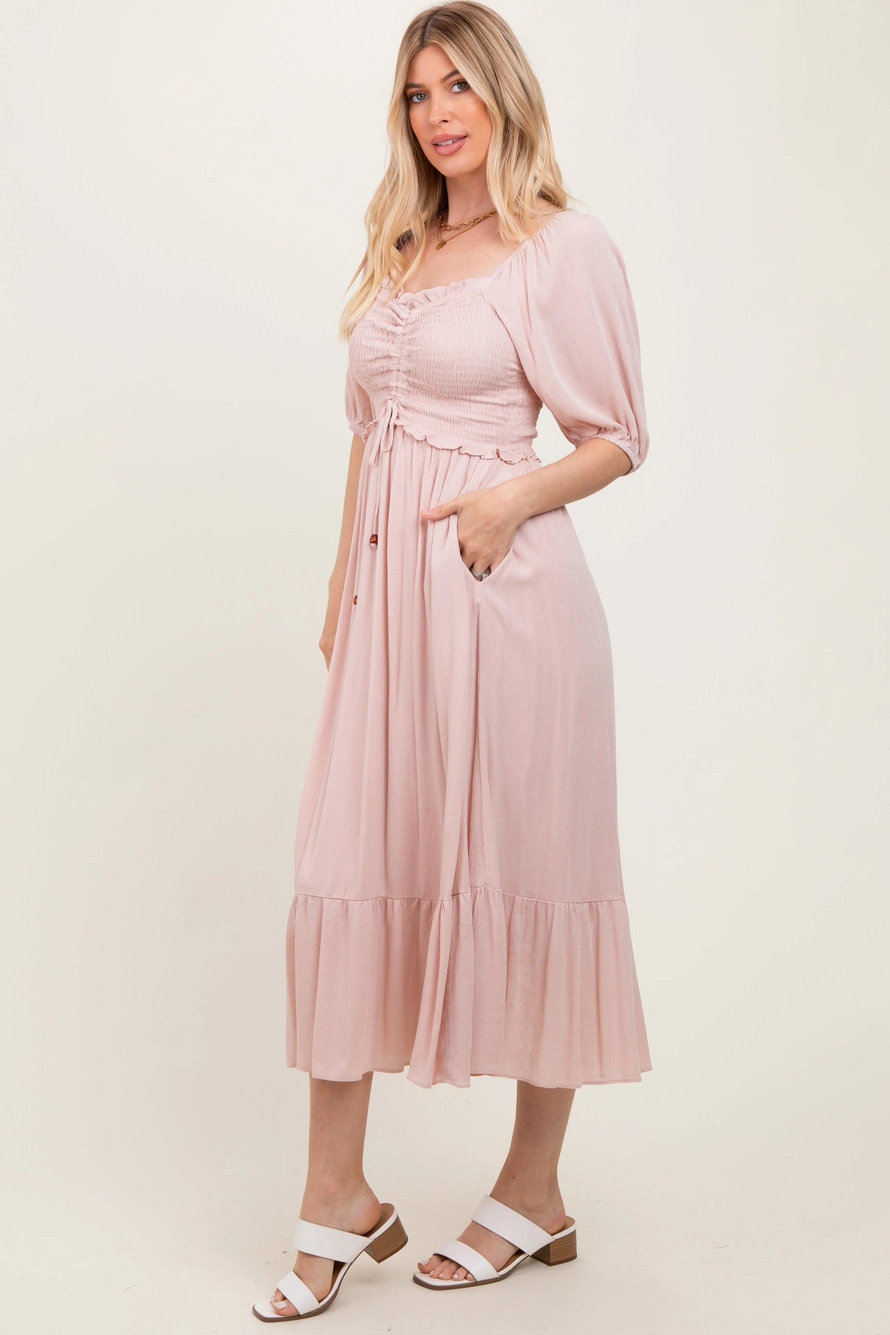 PinkBlush Light Pink Smocked Cinched Front Maxi Dress - 