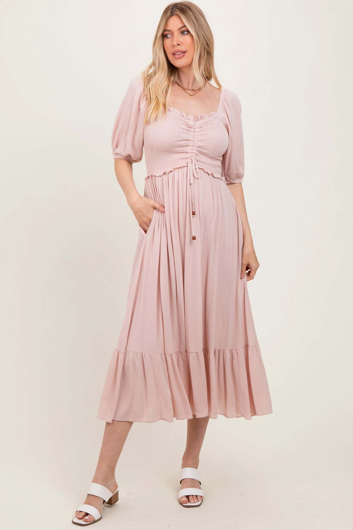 PinkBlush Light Pink Smocked Cinched Front Maxi Dress - 