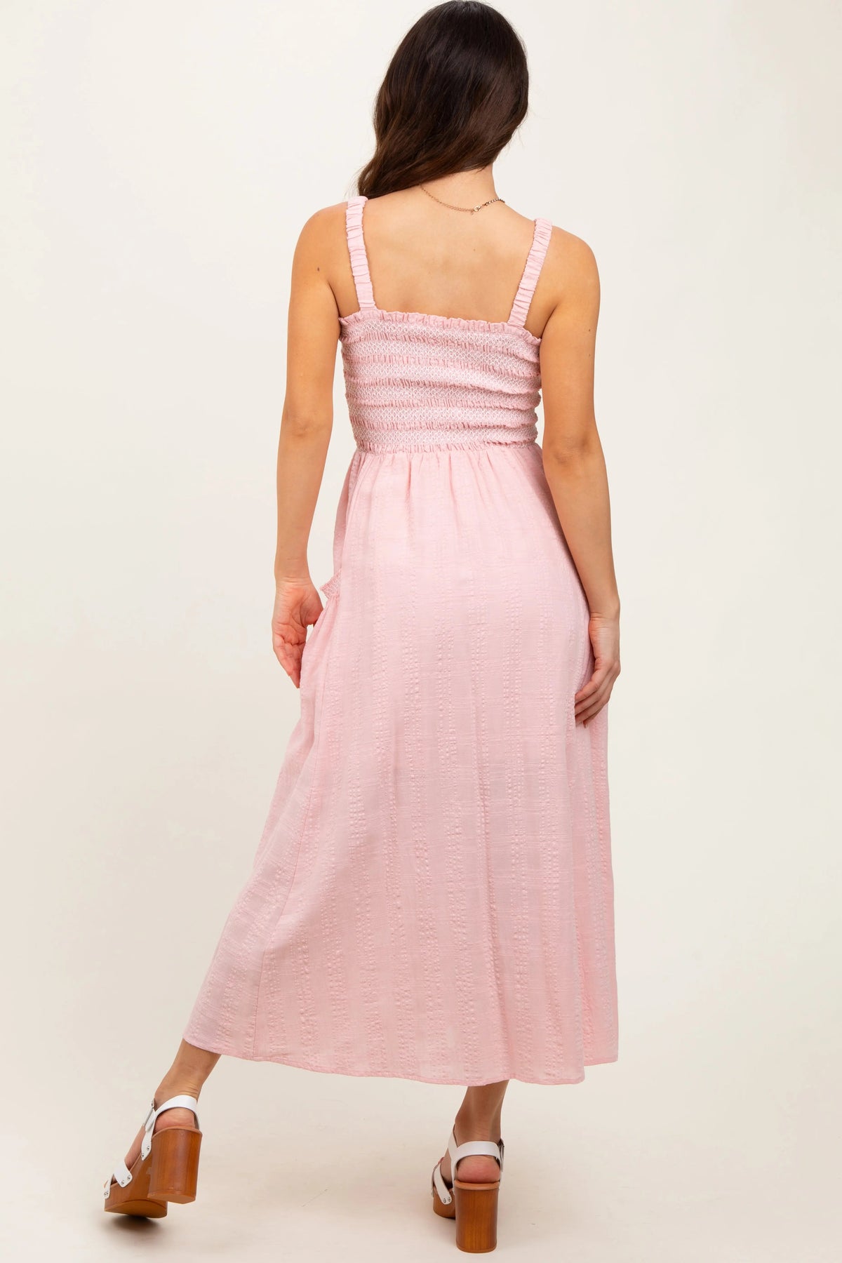 PinkBlush Light Pink Smocked Embroidered Bust Textured Midi Dress - 