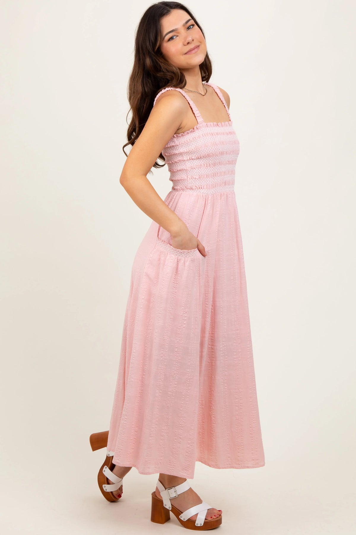 PinkBlush Light Pink Smocked Embroidered Bust Textured Midi Dress - 