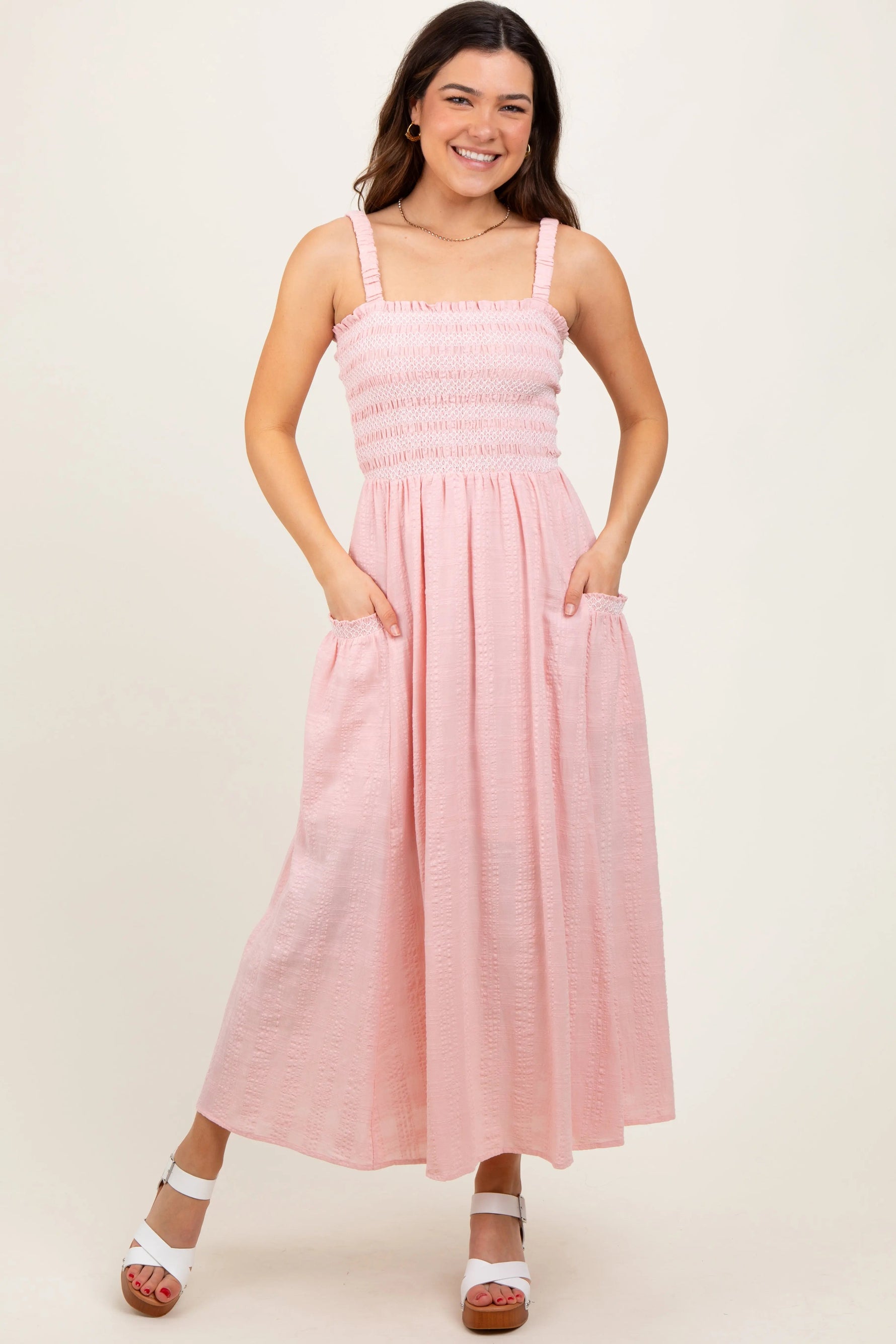 Light Pink Smocked Embroidered Bust Textured Midi Dress - One-piece garment, Dress, Day Dress, Pink, Waist | Everetts Place