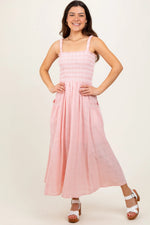 PinkBlush Light Pink Smocked Embroidered Bust Textured Midi Dress - 