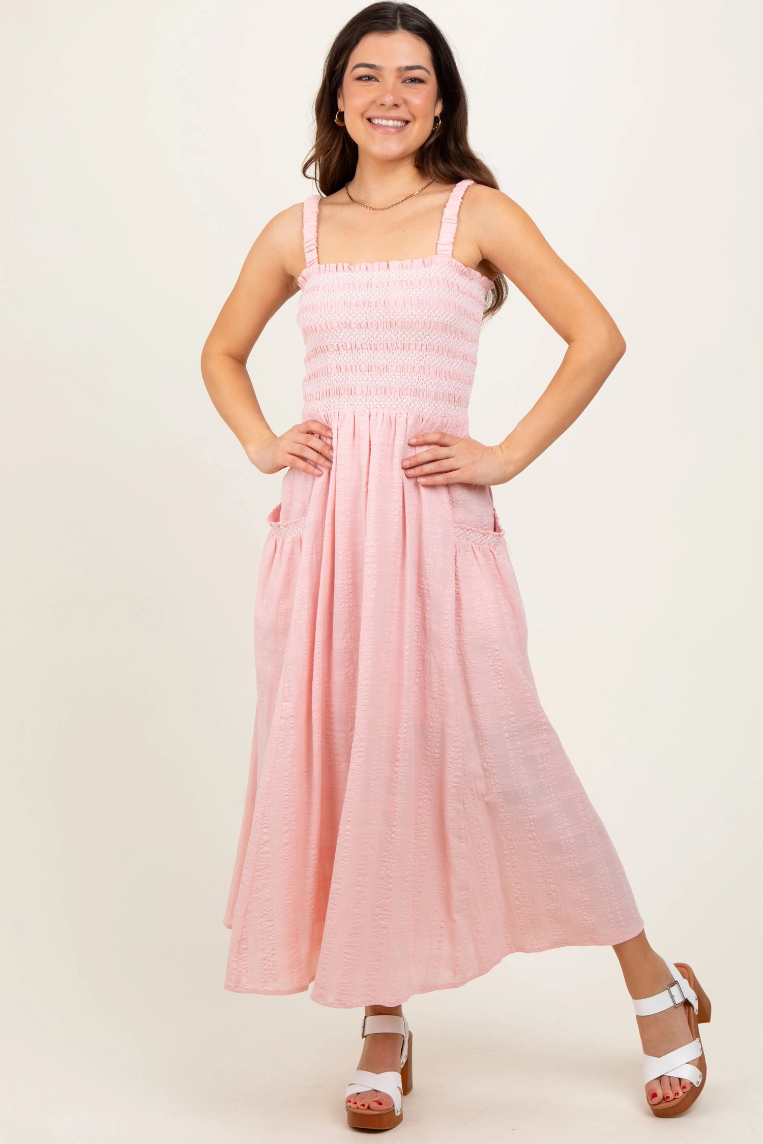 PinkBlush Light Pink Smocked Embroidered Bust Textured Midi Dress - 