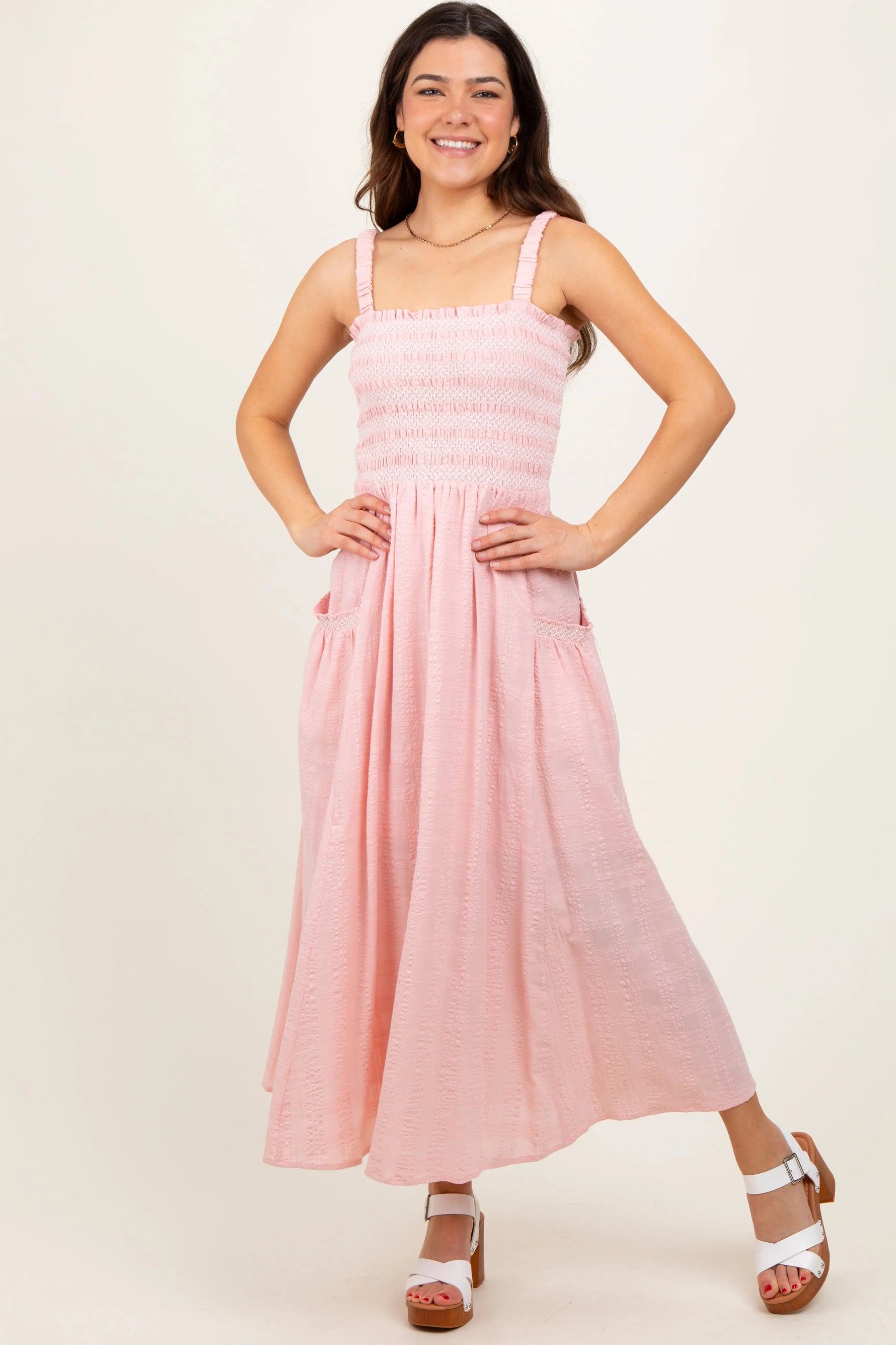 PinkBlush Light Pink Smocked Embroidered Bust Textured Midi Dress - 
