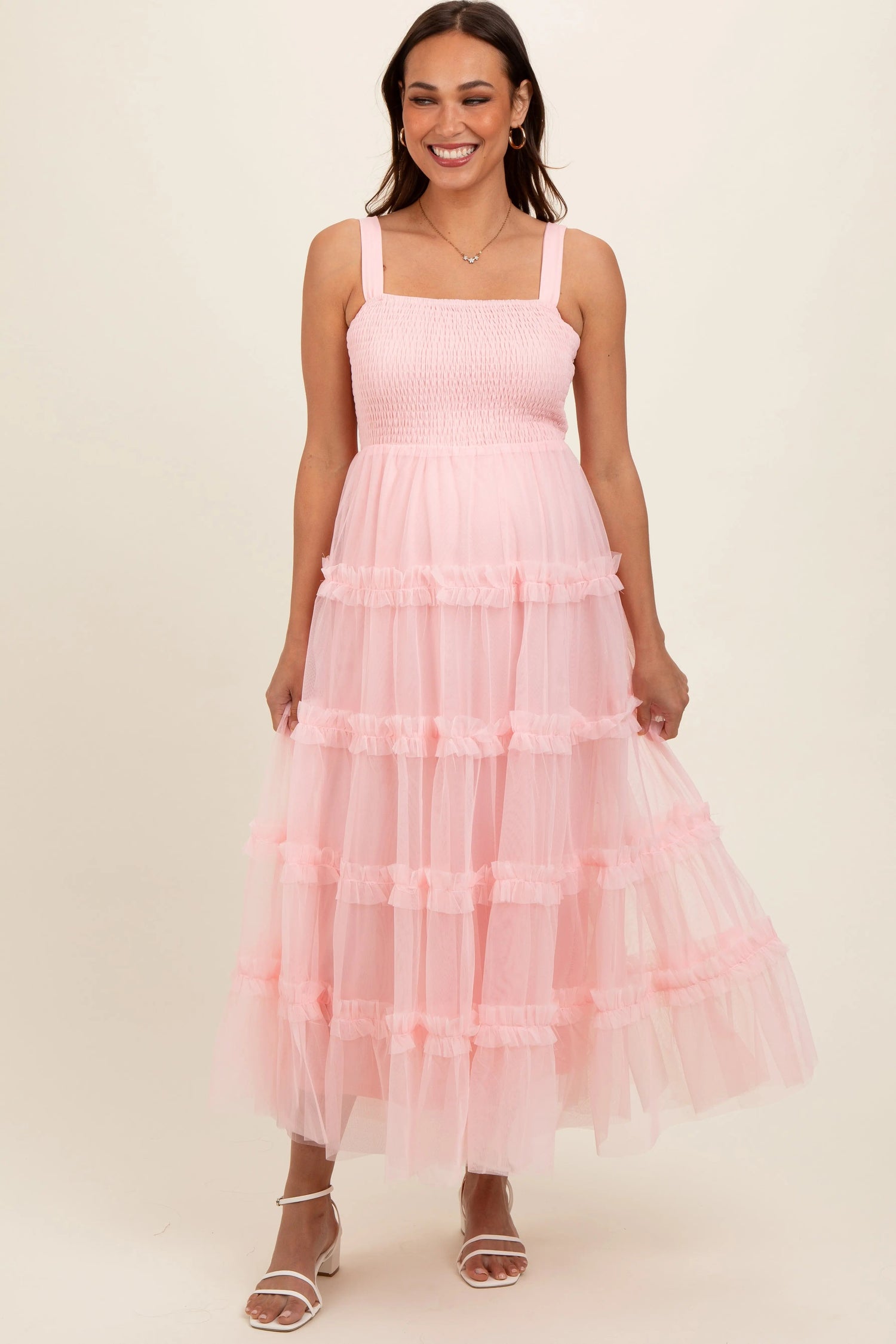 PinkBlush Light Pink Smocked Ruffle Tiered Tulle Maternity Midi Dress - 