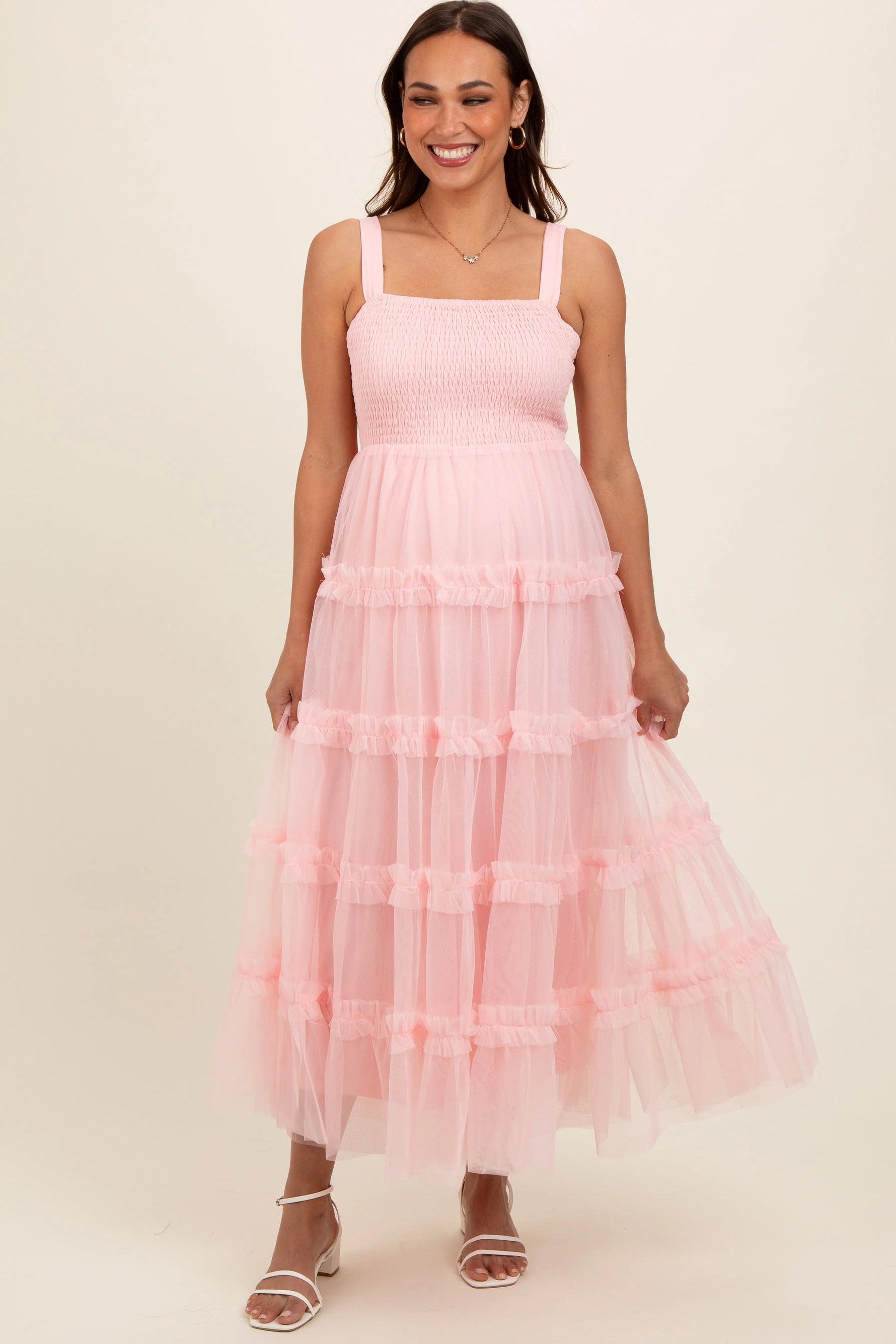 PinkBlush Light Pink Smocked Ruffle Tiered Tulle Maternity Midi Dress - 