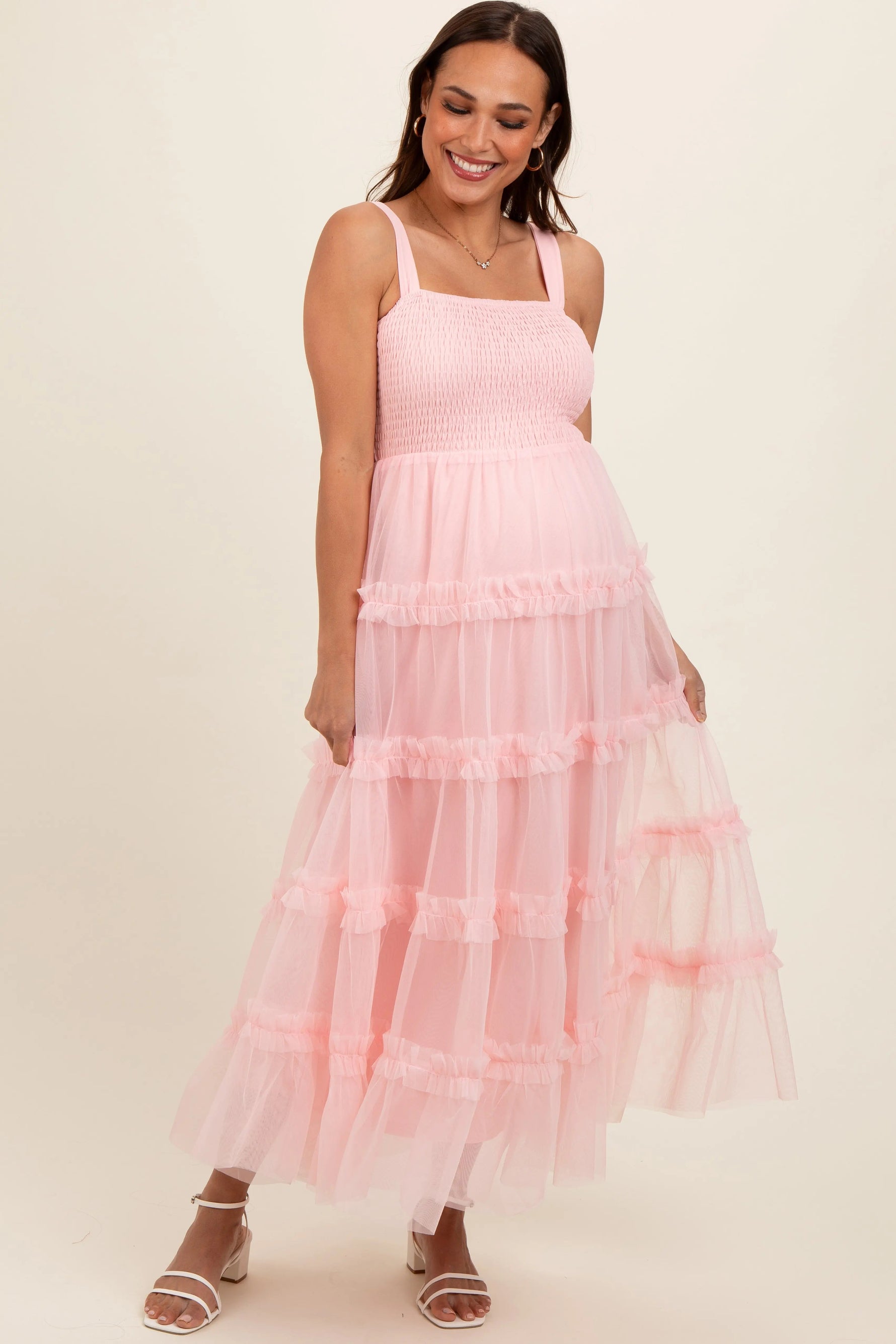 PinkBlush Light Pink Smocked Ruffle Tiered Tulle Maternity Midi Dress - 